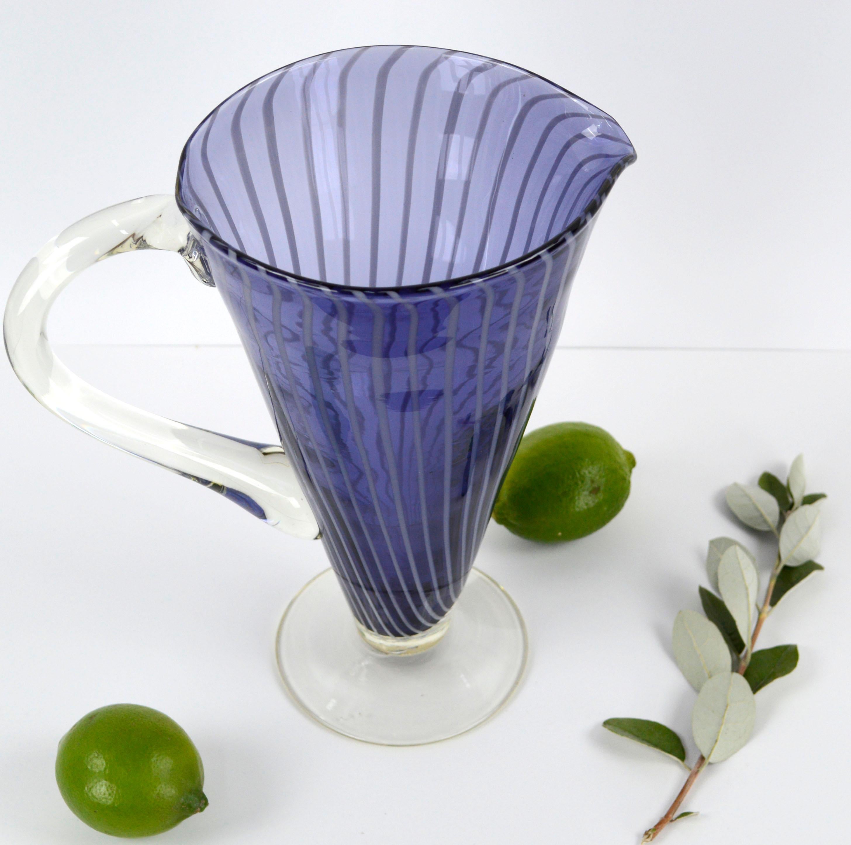 Hand-Crafted Mid Century Modern Cobalt Blue & White Murano Filigrana Stripe Glass Pitcher For Sale