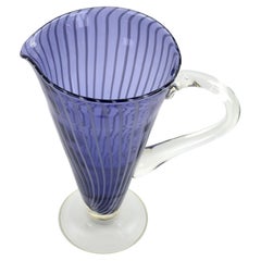 Antique Mid Century Modern Cobalt Blue & White Murano Filigrana Stripe Glass Pitcher