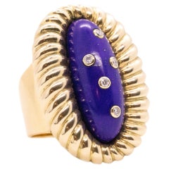 Mid-Century Cocktail Ring in 18 Kt Gold with 14.42 Cts Lapis Lazuli and Diamonds