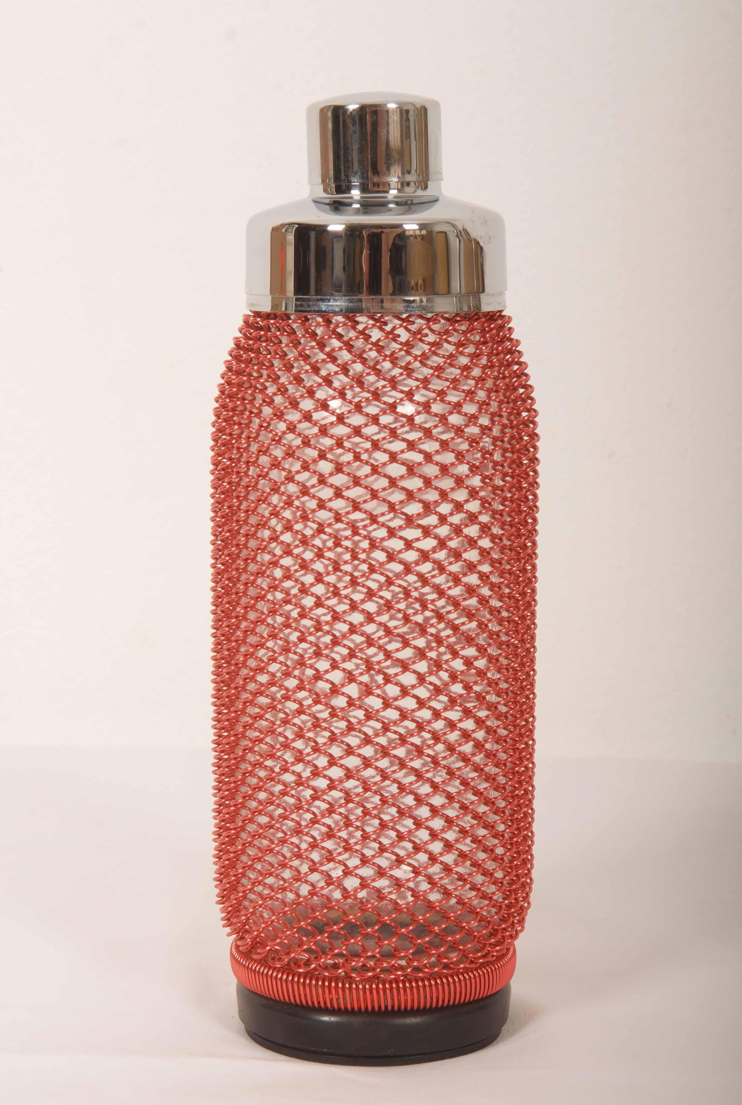 Austrian Mid-Century Cocktail Shaker With A Red Wire-Netting For Sale