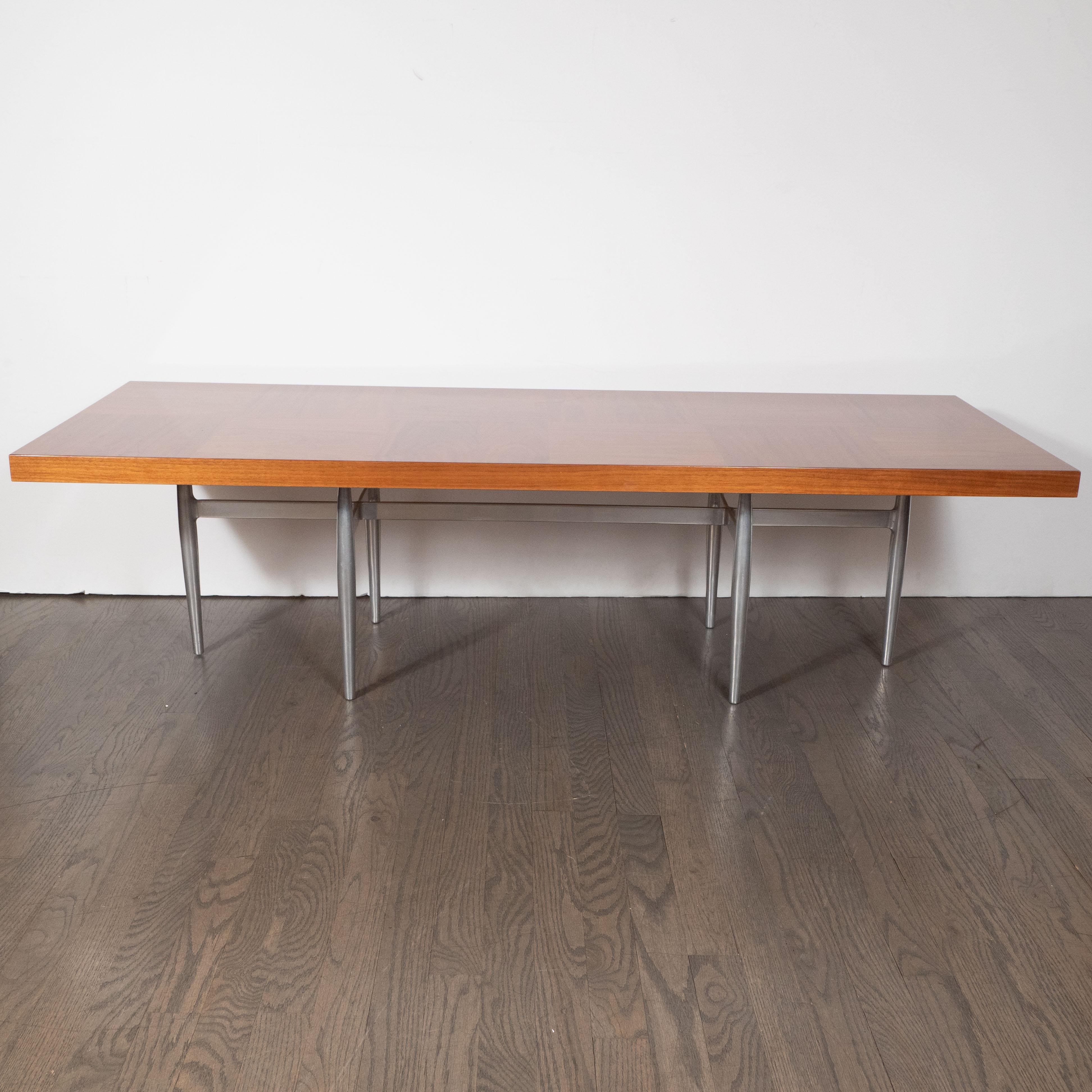 American Midcentury Cocktail Table, Bookmatched Walnut Top and Sculptural Aluminum Base