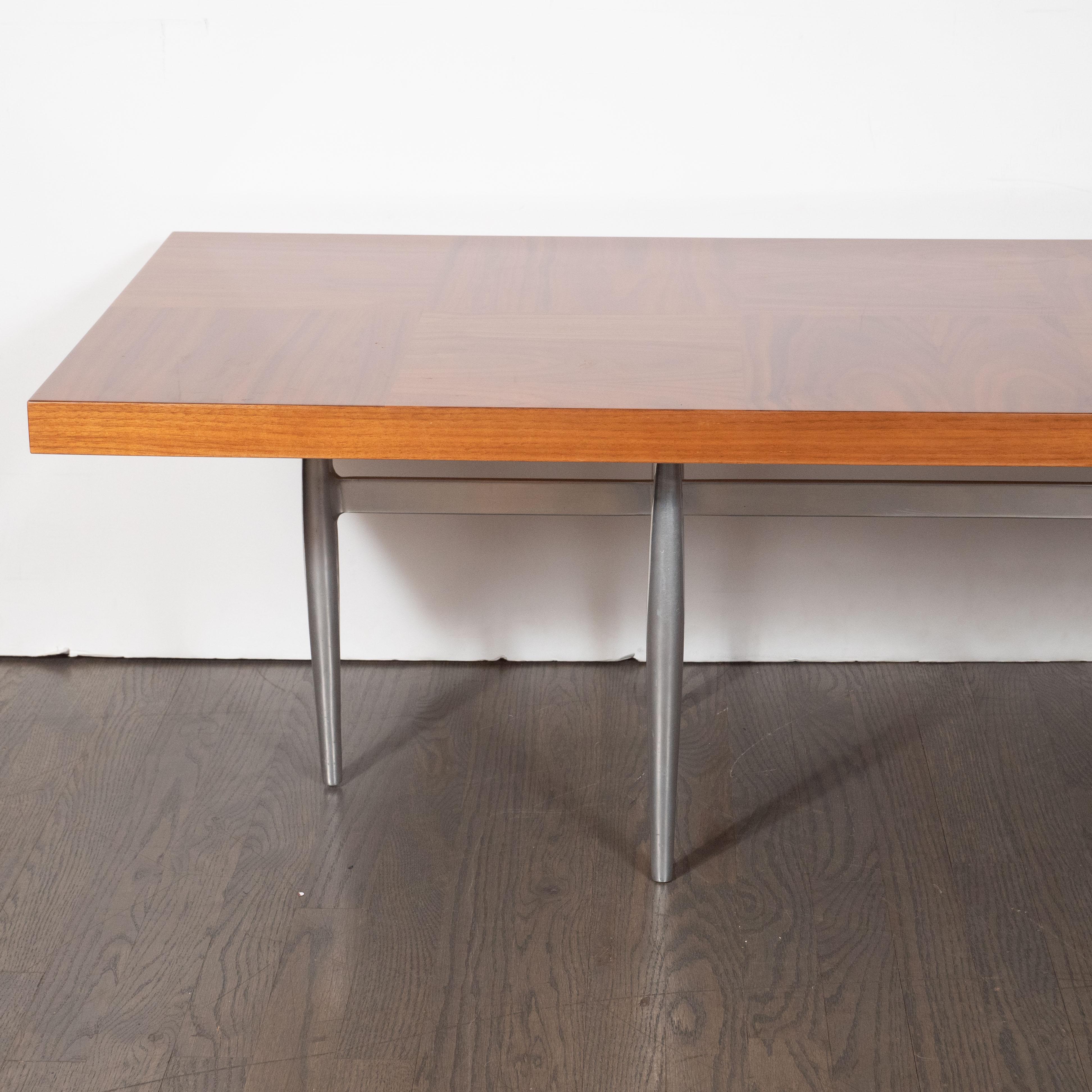 Midcentury Cocktail Table, Bookmatched Walnut Top and Sculptural Aluminum Base In Excellent Condition In New York, NY
