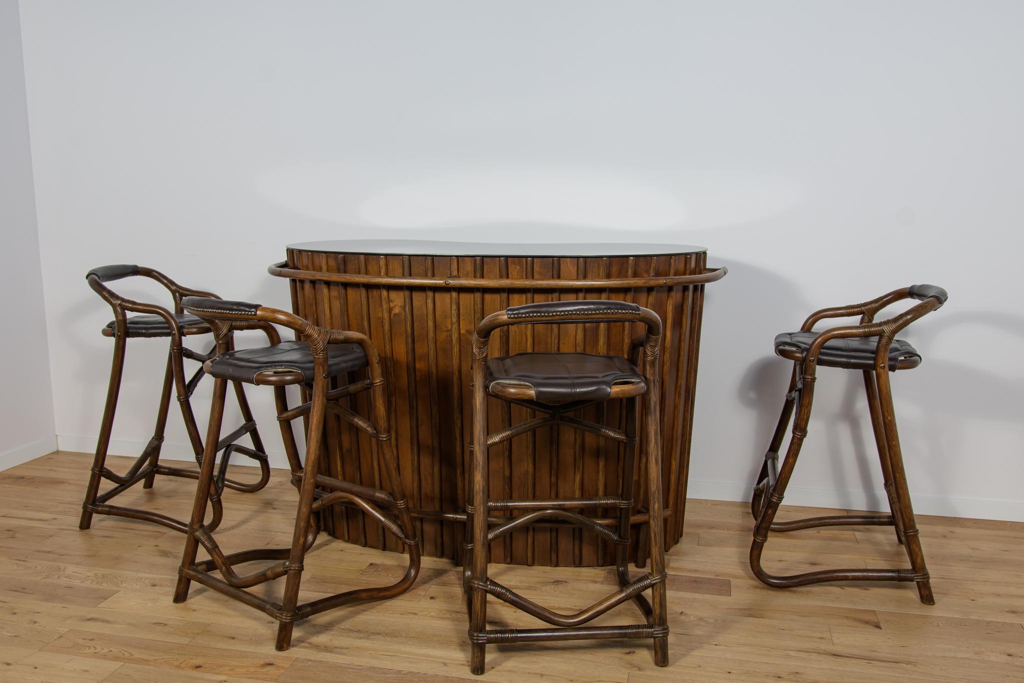 Mid-Century Modern Mid-Century Cocktail Tropical  Bamboo Tiki Bar with Bar Stools, France, 1960s