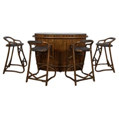 Mid-Century Cocktail Tropical Bamboo Tiki Bar with Bar Stools, France, 1960s