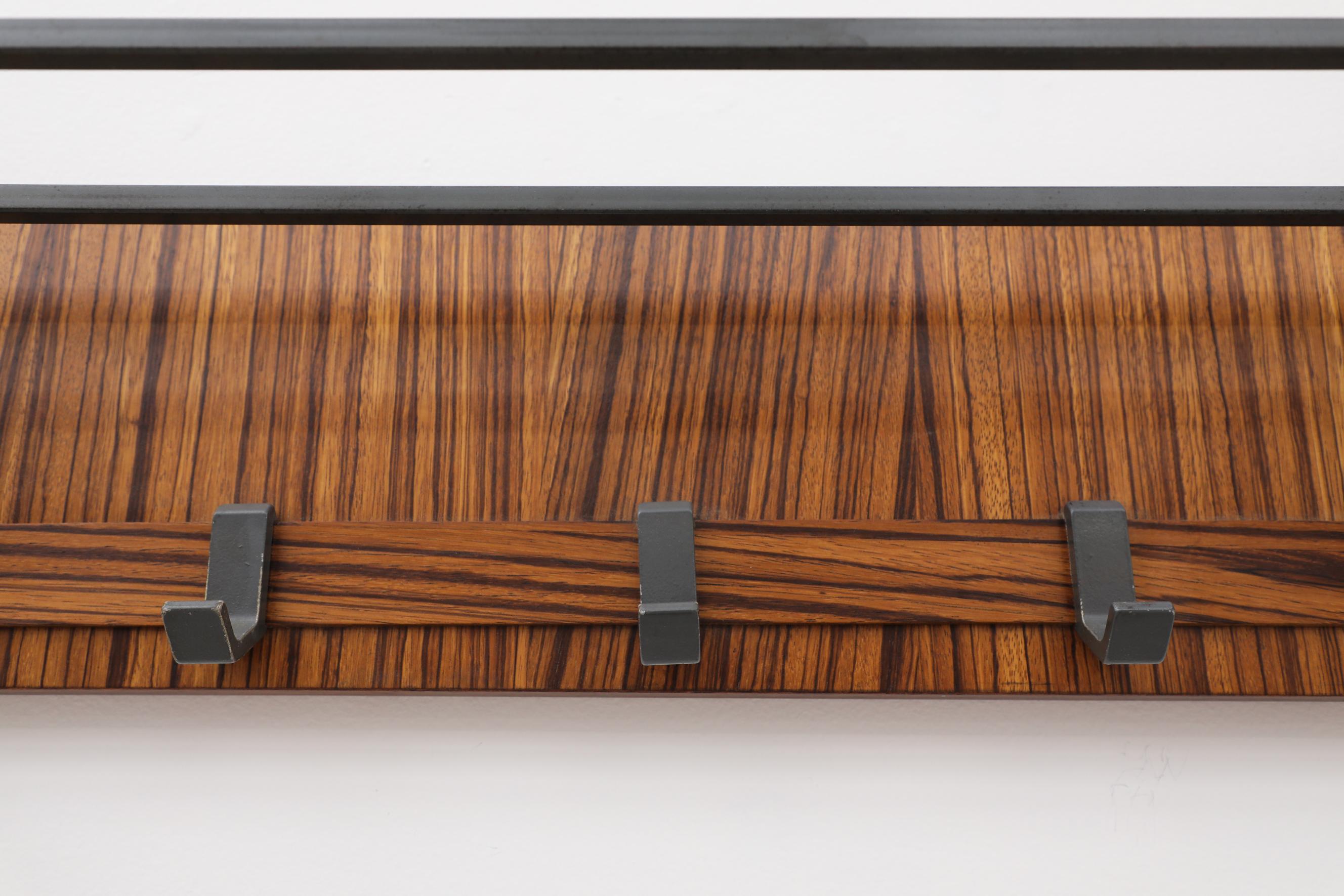 Midcentury Cocobolo Wood and Metal Wall Mounted Coat Rack with Hooks For Sale 5