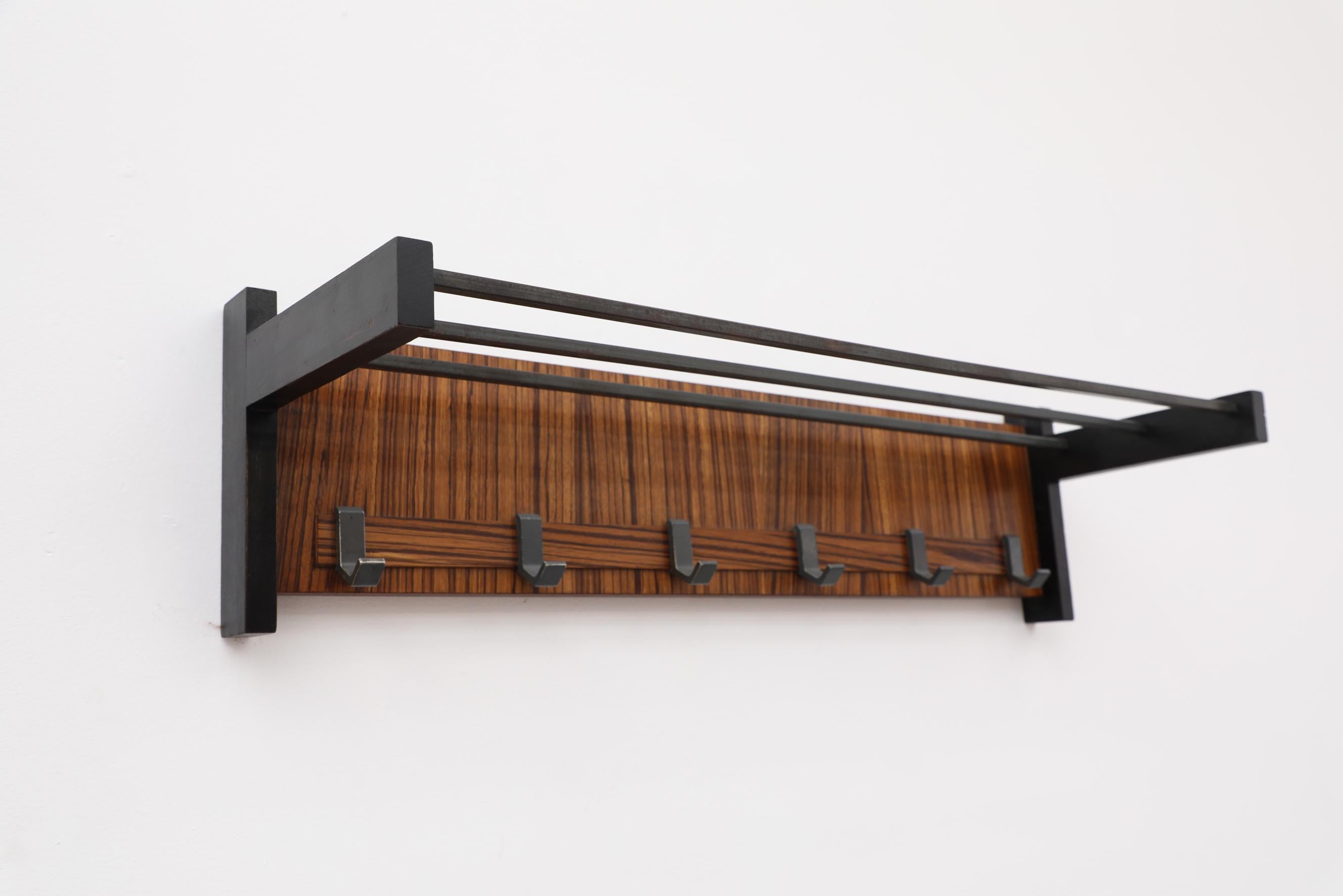 Midcentury Cocobolo Wood and Metal Wall Mounted Coat Rack with Hooks In Good Condition For Sale In Los Angeles, CA