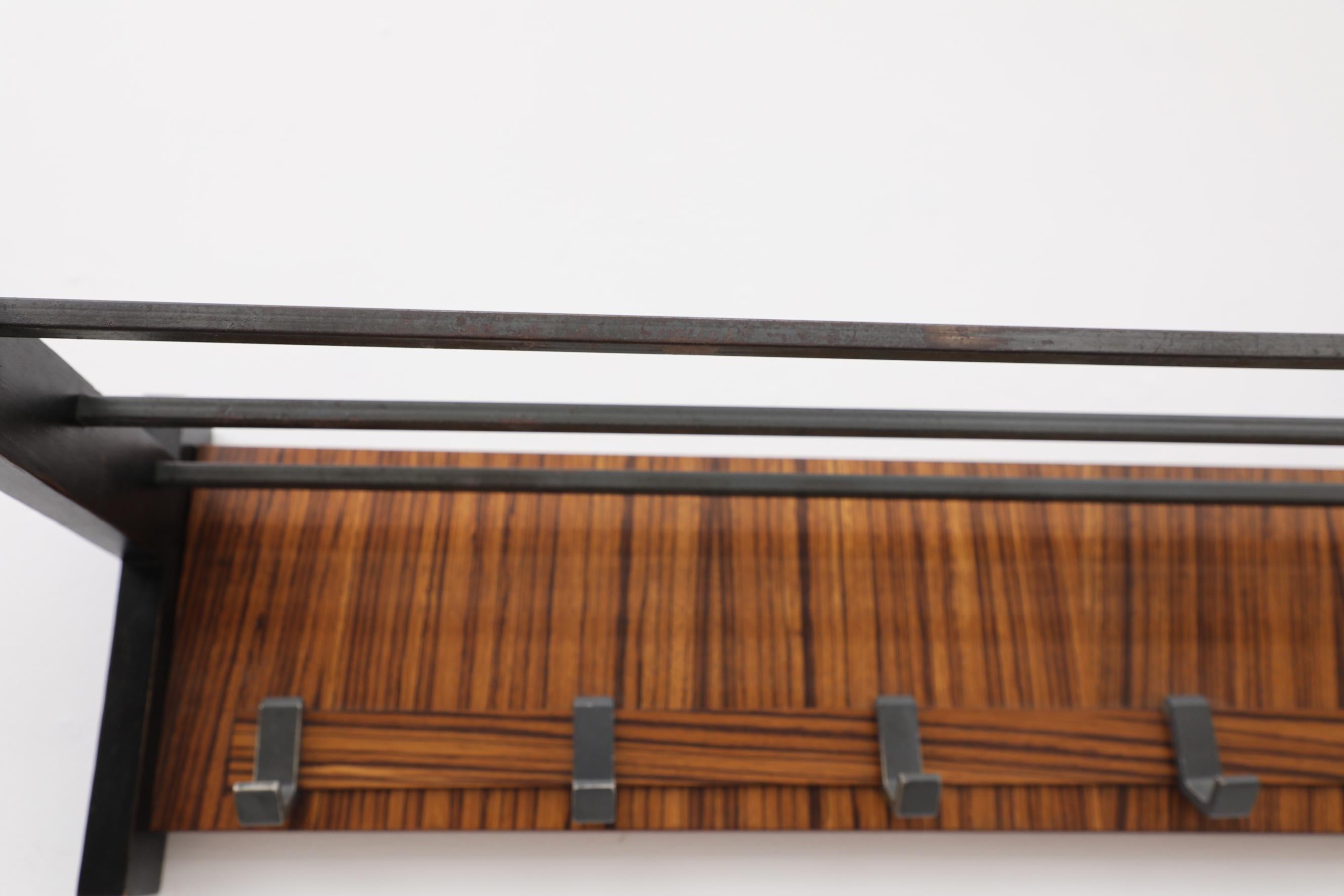 Midcentury Cocobolo Wood and Metal Wall Mounted Coat Rack with Hooks For Sale 1