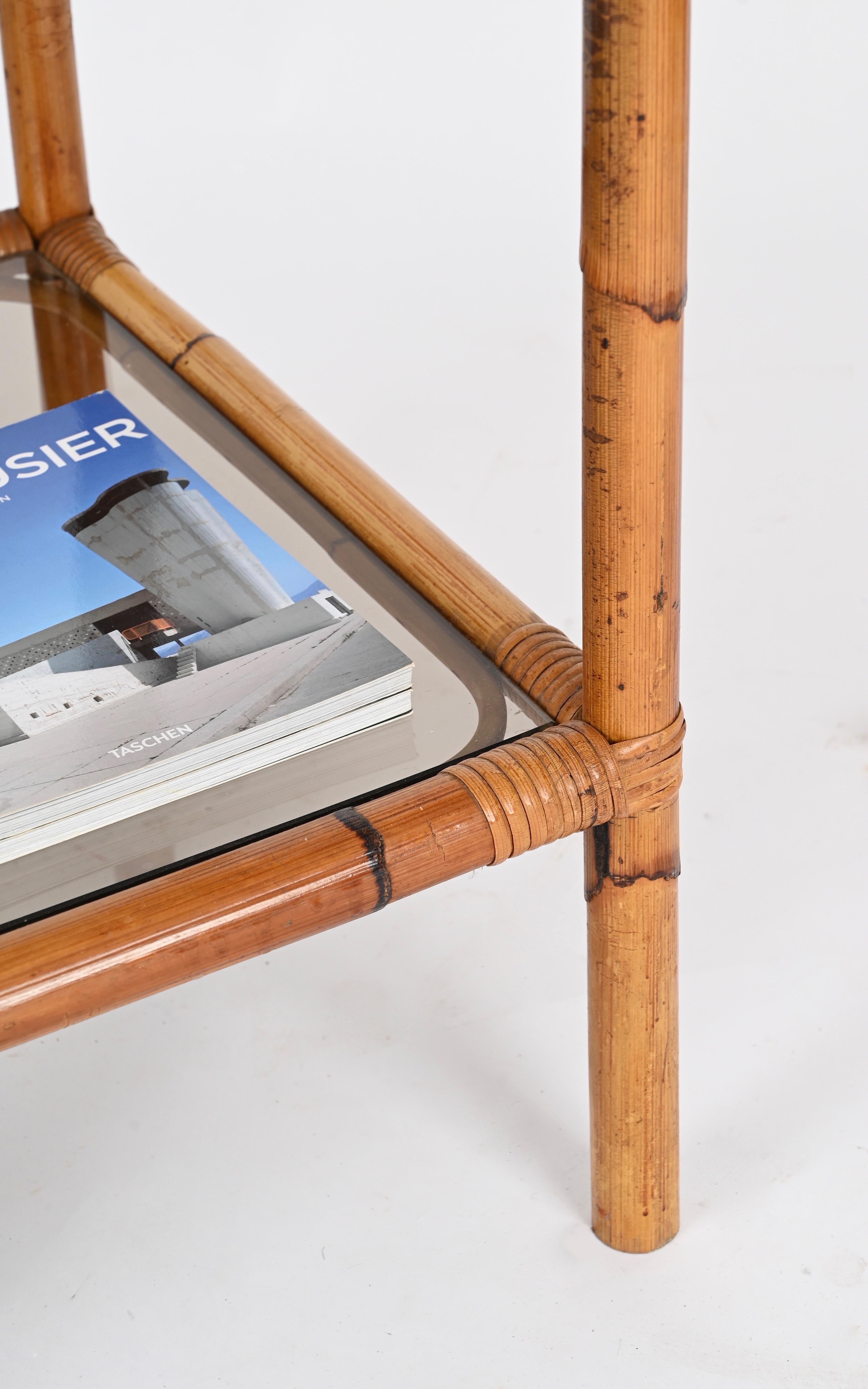 Fatto a mano Mid-Century Coffee or Side Table in Bamboo, Rattan and Smoked Glass, Italy 1960s in vendita