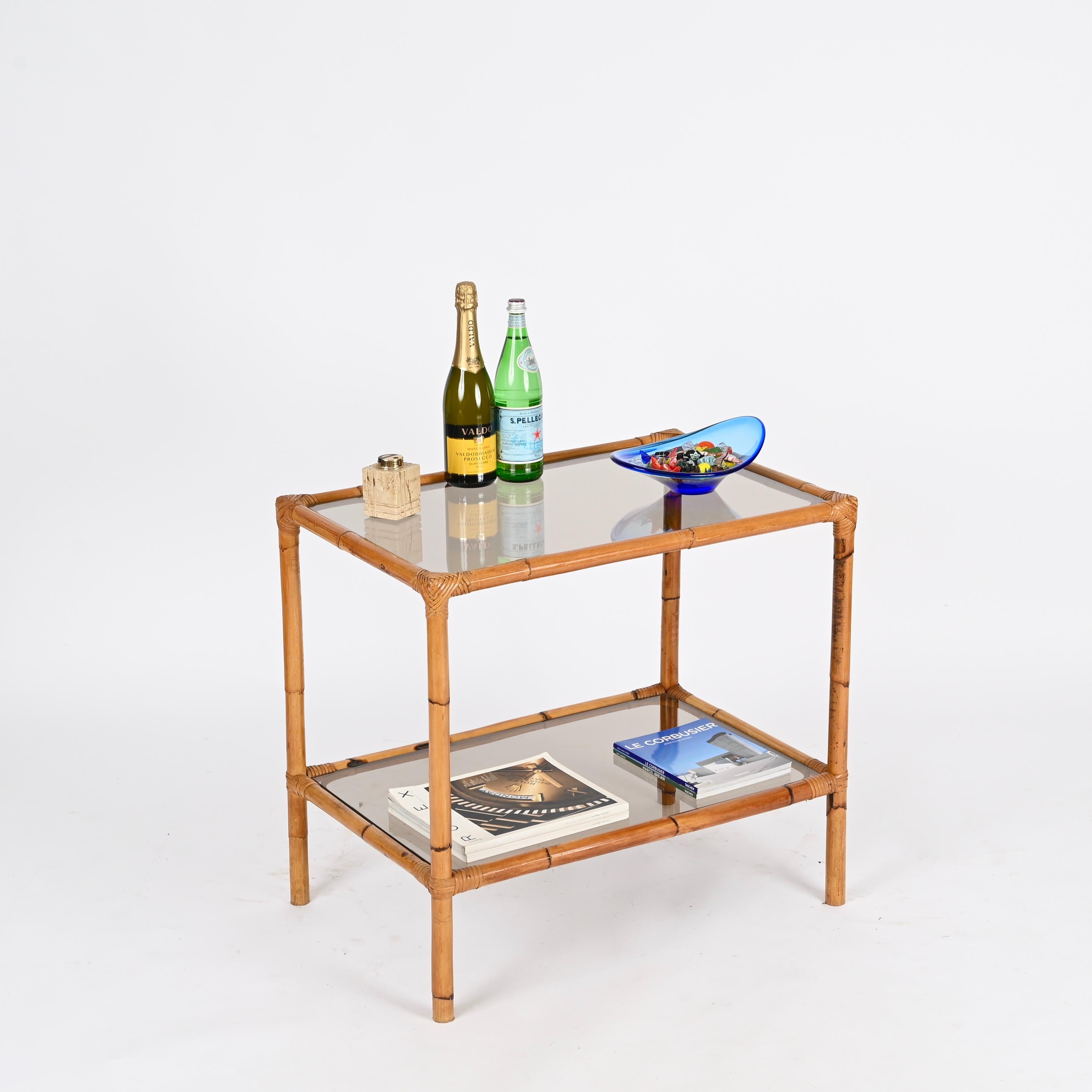 XX secolo Mid-Century Coffee or Side Table in Bamboo, Rattan and Smoked Glass, Italy 1960s in vendita
