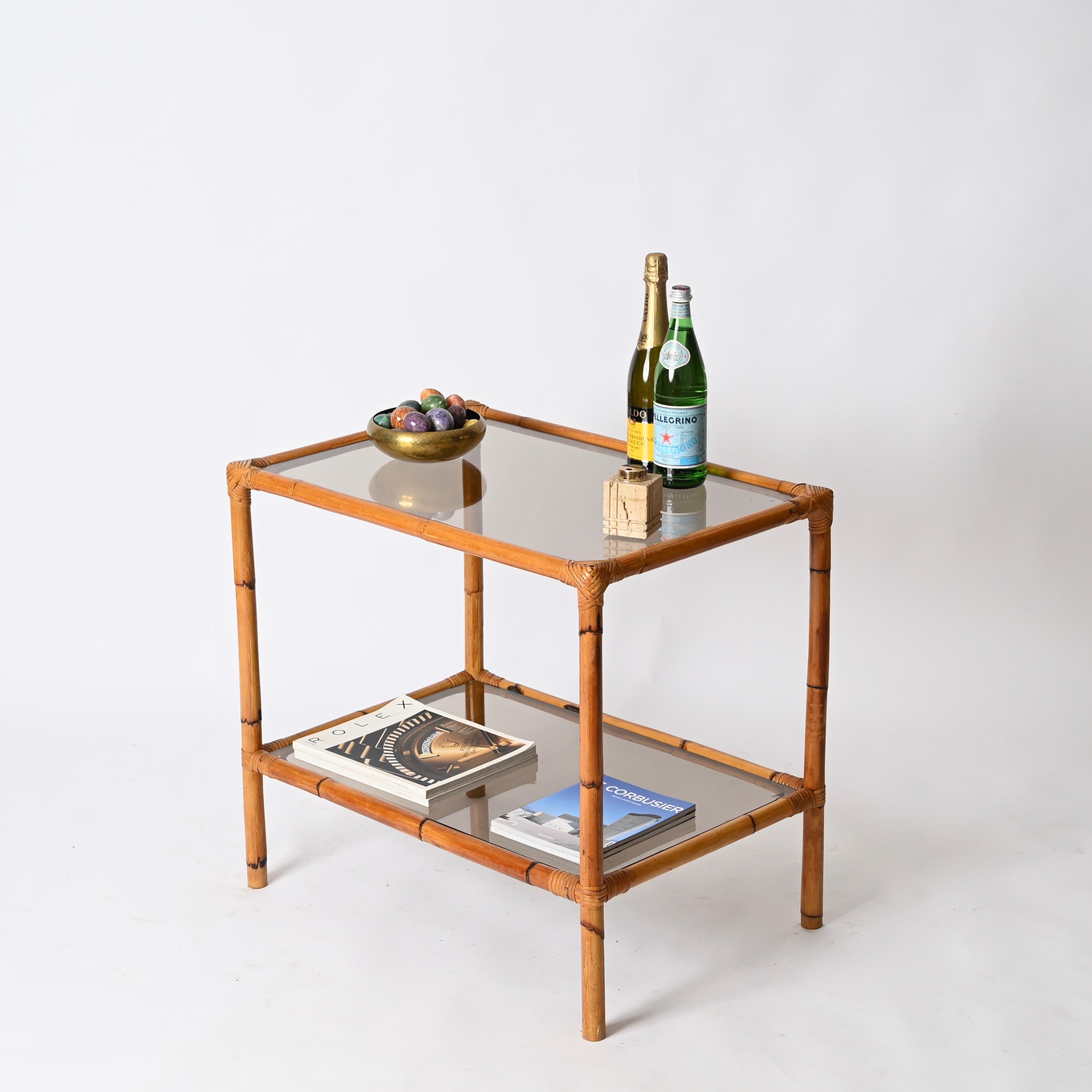 Bambù Mid-Century Coffee or Side Table in Bamboo, Rattan and Smoked Glass, Italy 1960s in vendita