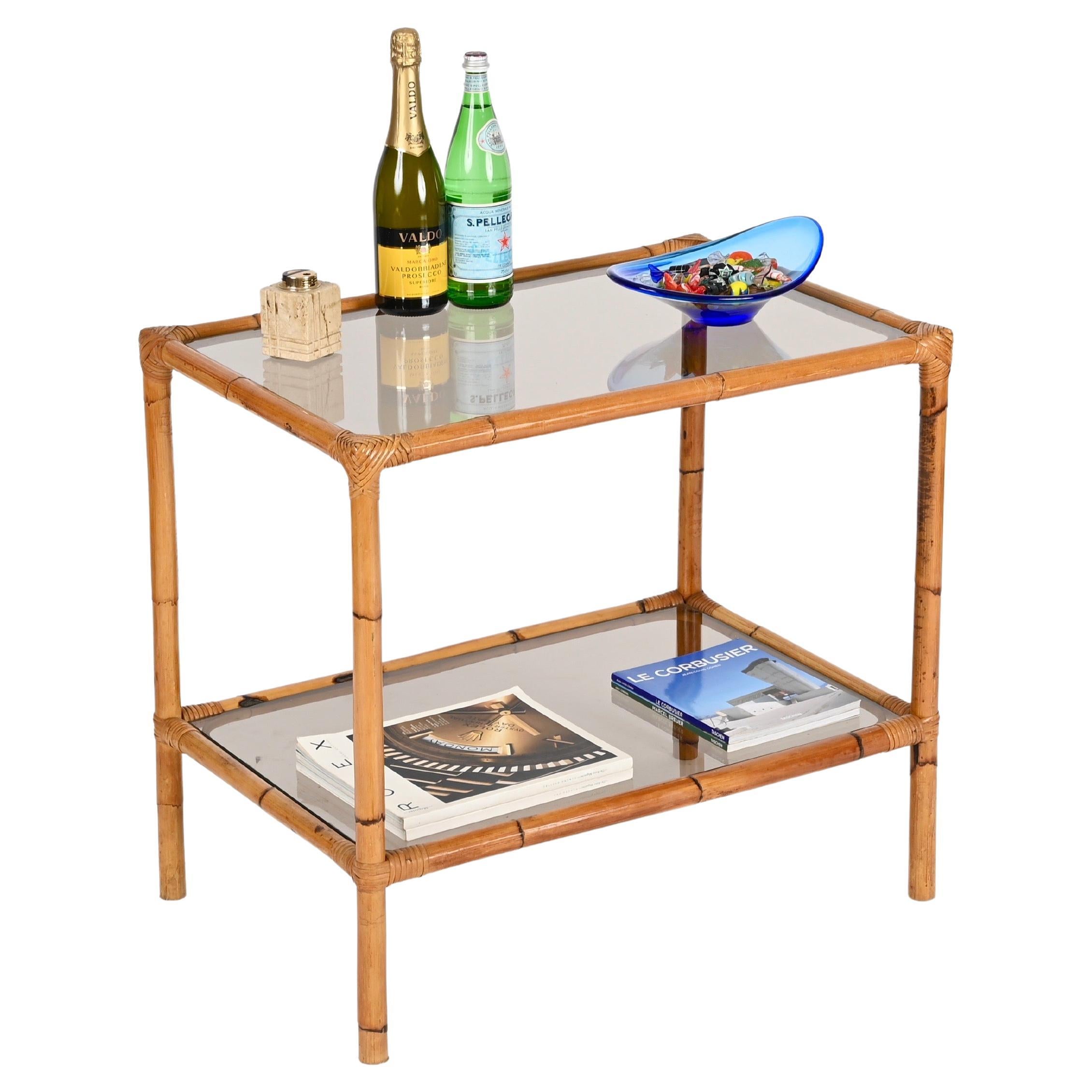 Mid-Century Coffee or Side Table in Bamboo, Rattan and Smoked Glass, Italy 1960s