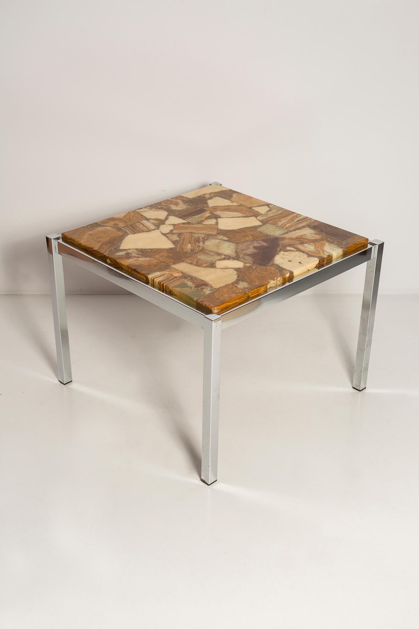Mid Century Coffee Table, Beige Marble Stone and Chrome, Bauhaus, Germany, 1960s 4