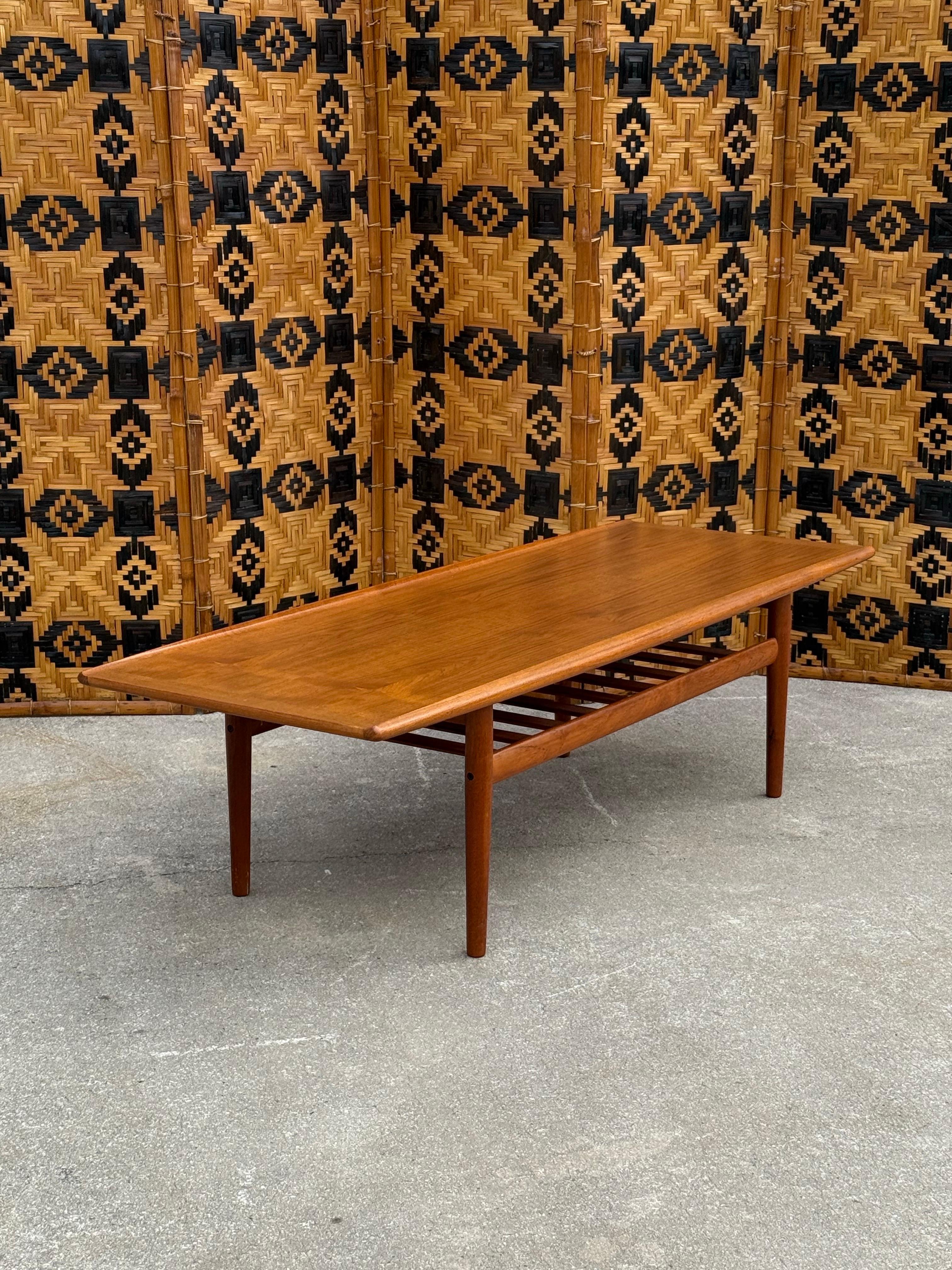Tavolino da caffè della metà del secolo scorso disegnato da Grete Jalk per Glostrup, circa anni '70. Realizzato in legno di teak con un lungo piano rettangolare che offre una superficie spaziosa. I lati hanno un labbro rialzato che crea un po' di