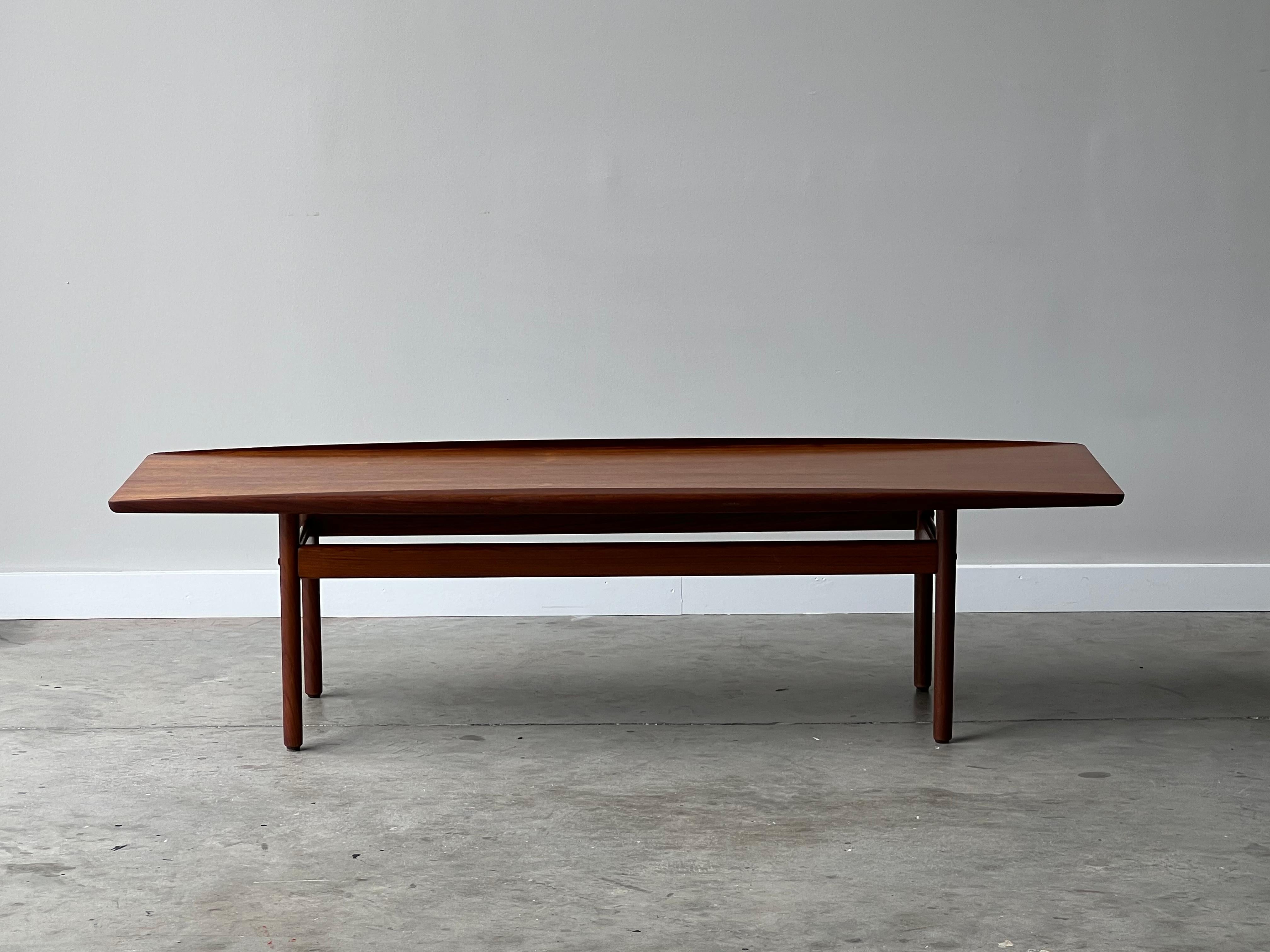 Mid-century coffee table designed by Grete Jalk for France & Son, Denmark. This rectangular teak coffee table is beautifully designed and well crafted. Sculpted raised fin edges are found atop and taper off at the end of the table. In great vintage