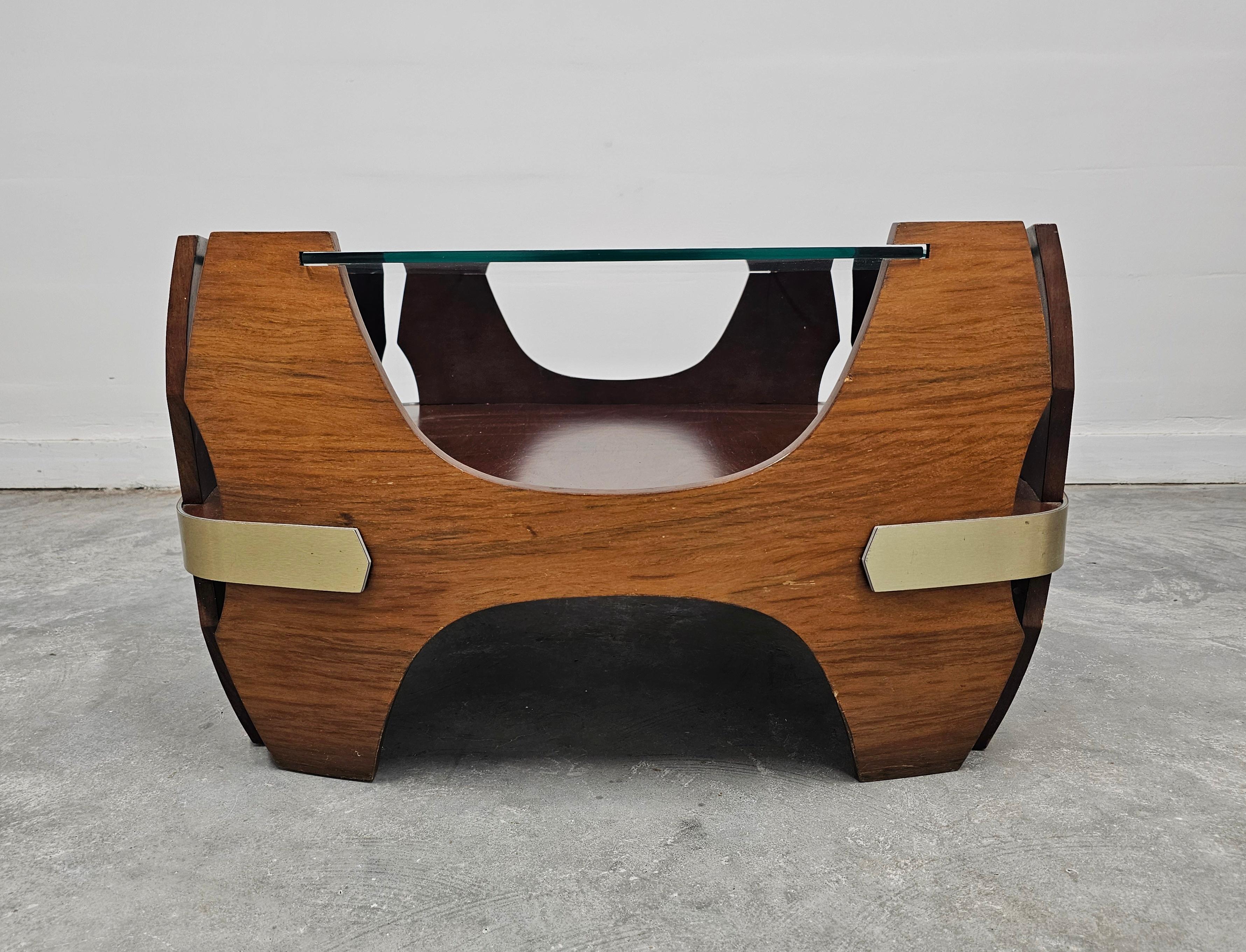 Italian Mid Century Coffee Table done in bent plywood, with glass top, Italy 1940s For Sale