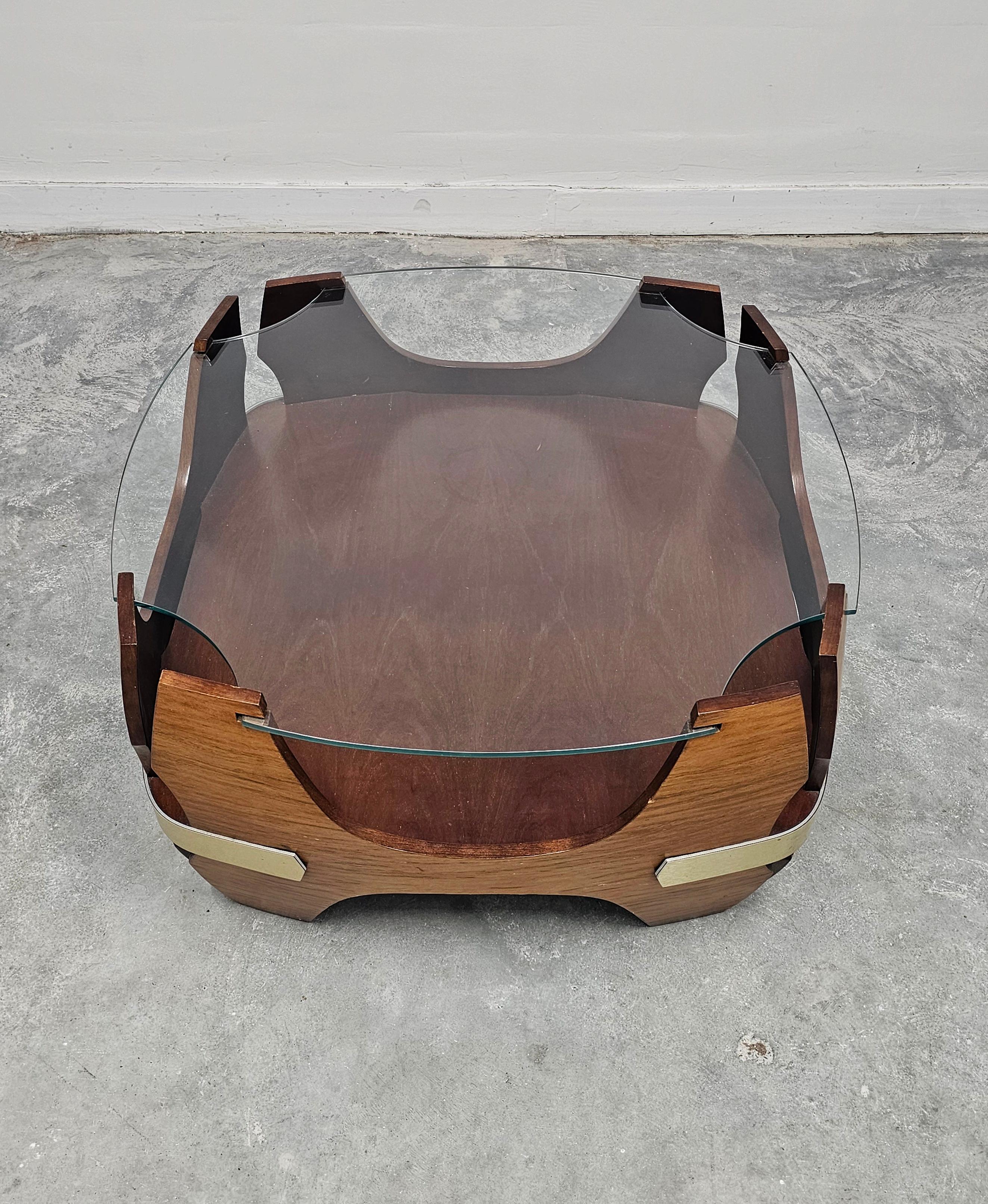 Glass Mid Century Coffee Table done in bent plywood, with glass top, Italy 1940s For Sale