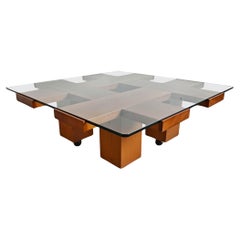 Mid Century Coffee Table in elm wood with grid motif by Marco Zanuso, Italy