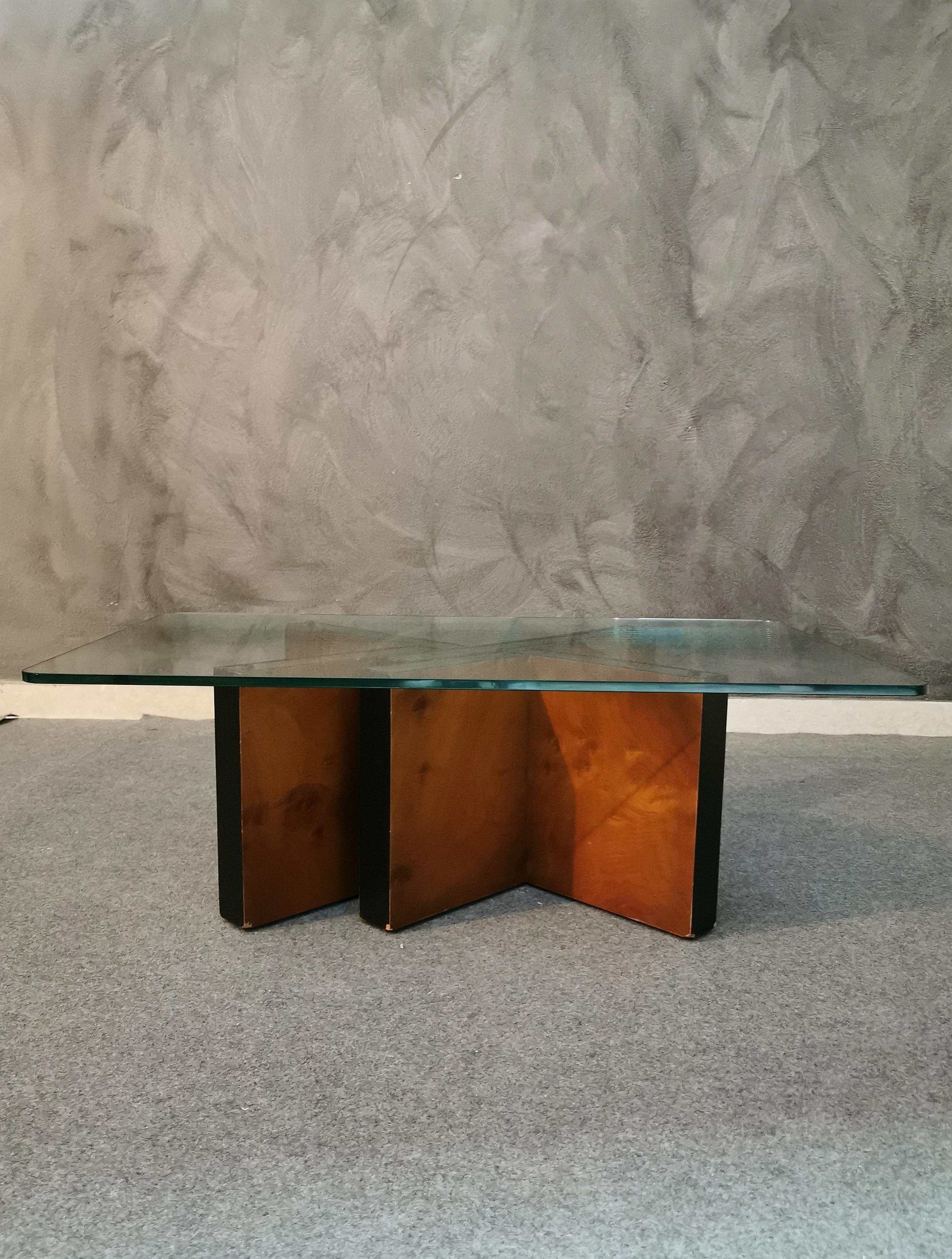 Mid Century Coffee Table Briar Wood Glass Brass Italian Design 1960s In Good Condition In Palermo, IT