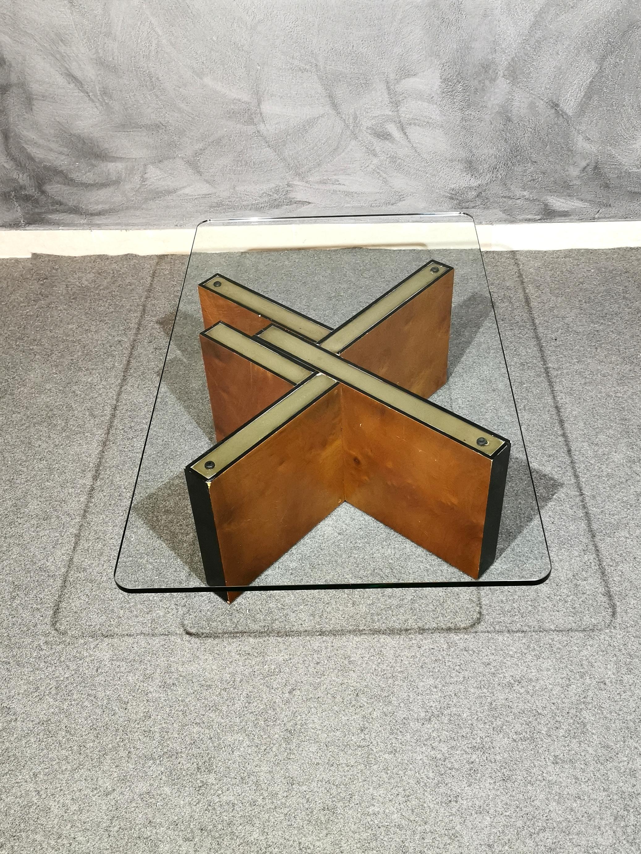 Mid Century Coffee Table Briar Wood Glass Brass Italian Design 1960s 3