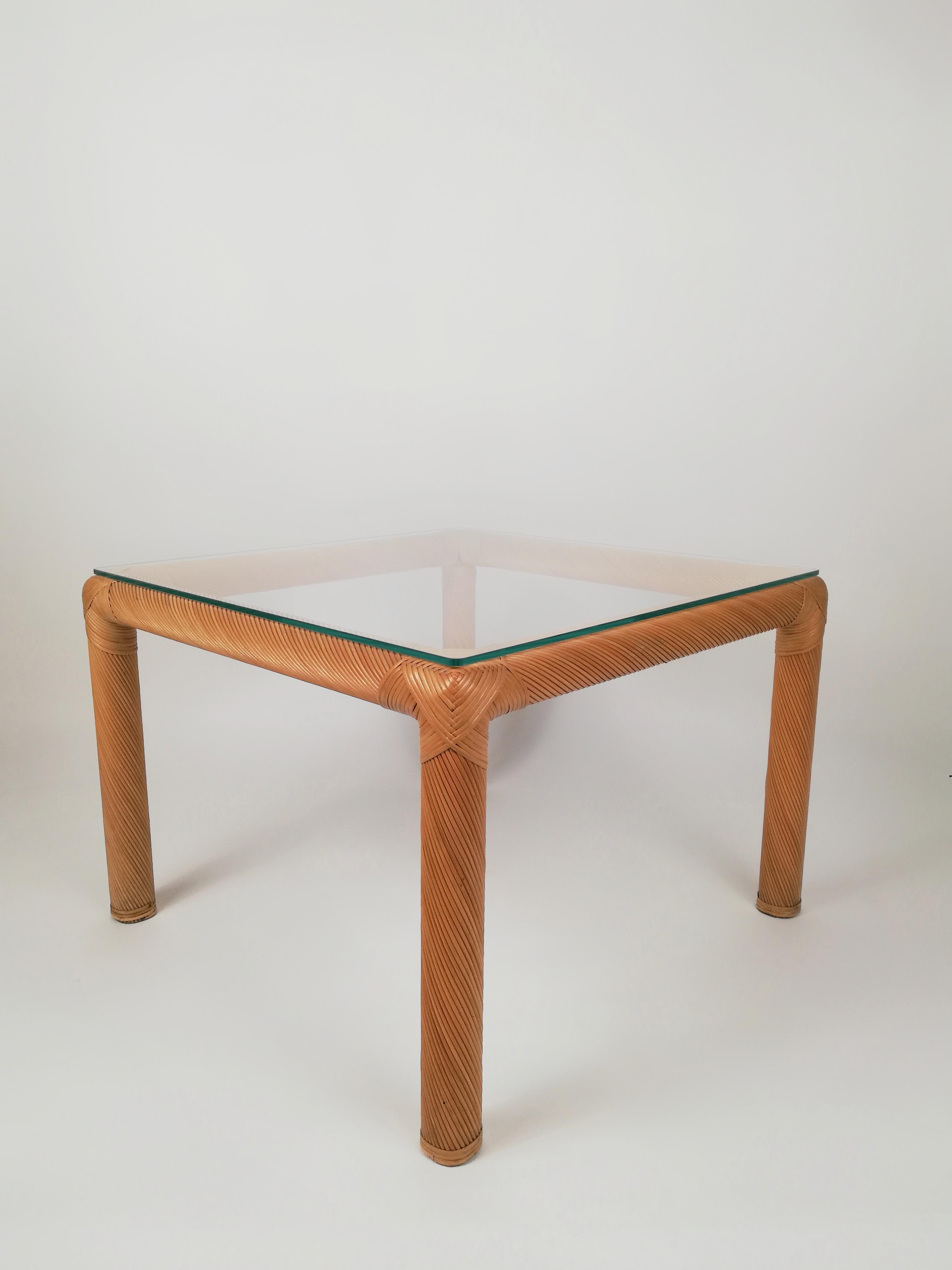 Italian Mid-Century Coffee Table in Rattan, Cane and Glass, Italy  1970s For Sale