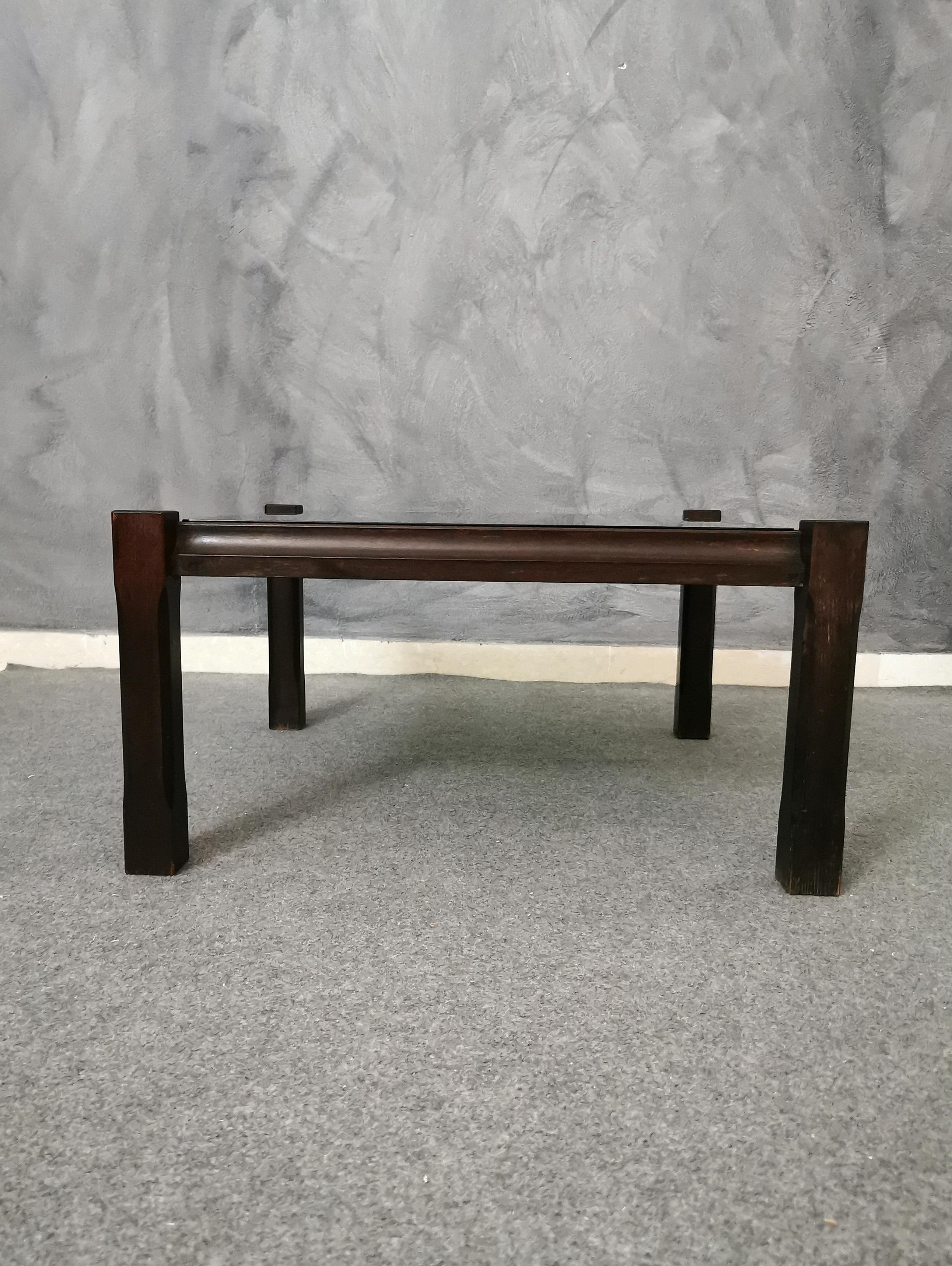 20th Century Mid-Century Coffee Cocktail Table Wood Smoked Glass Italian Design, 1960s