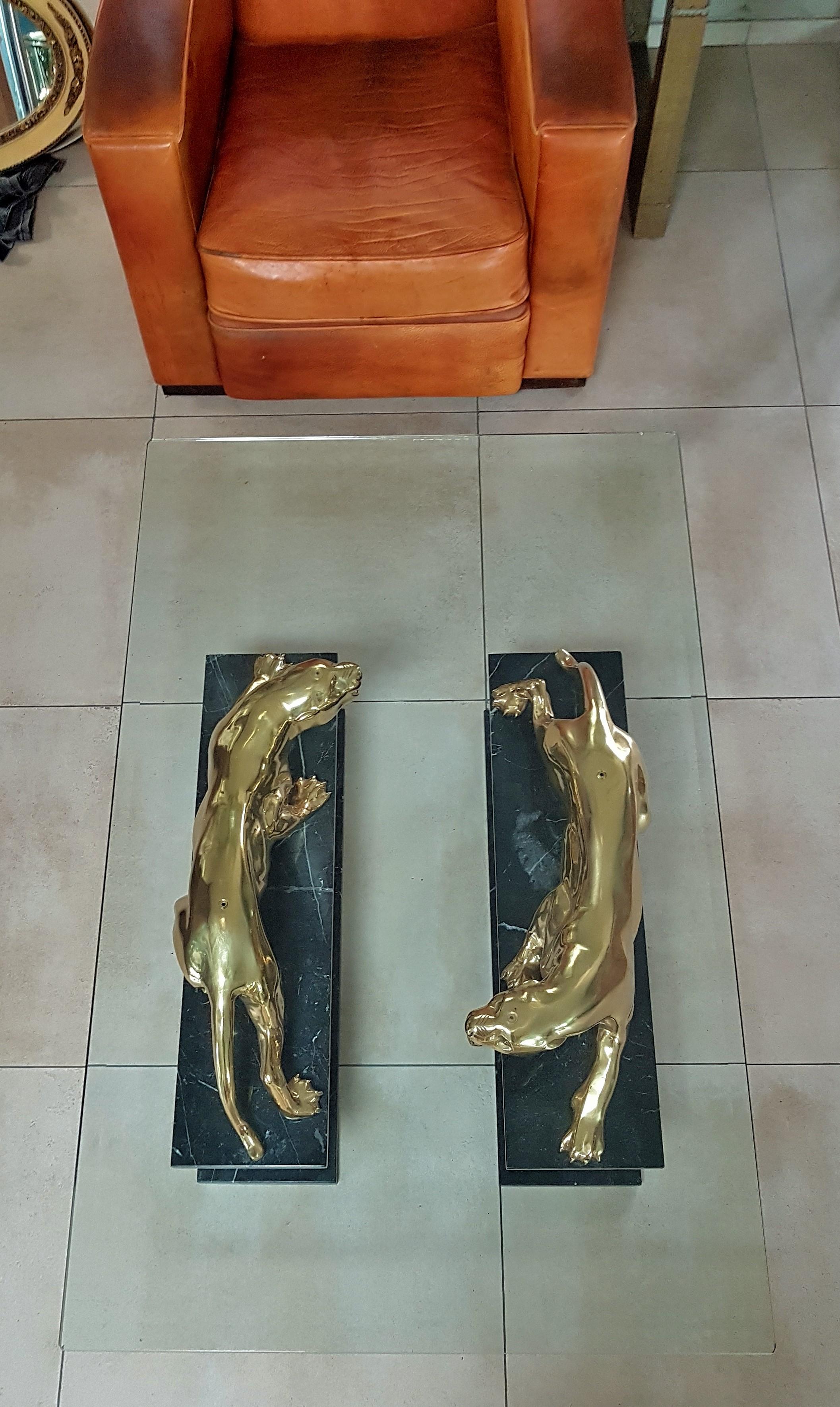 Mid-Century Coffee Table Maison Jansen Gold Plated Bronze Leopards on Marble 1