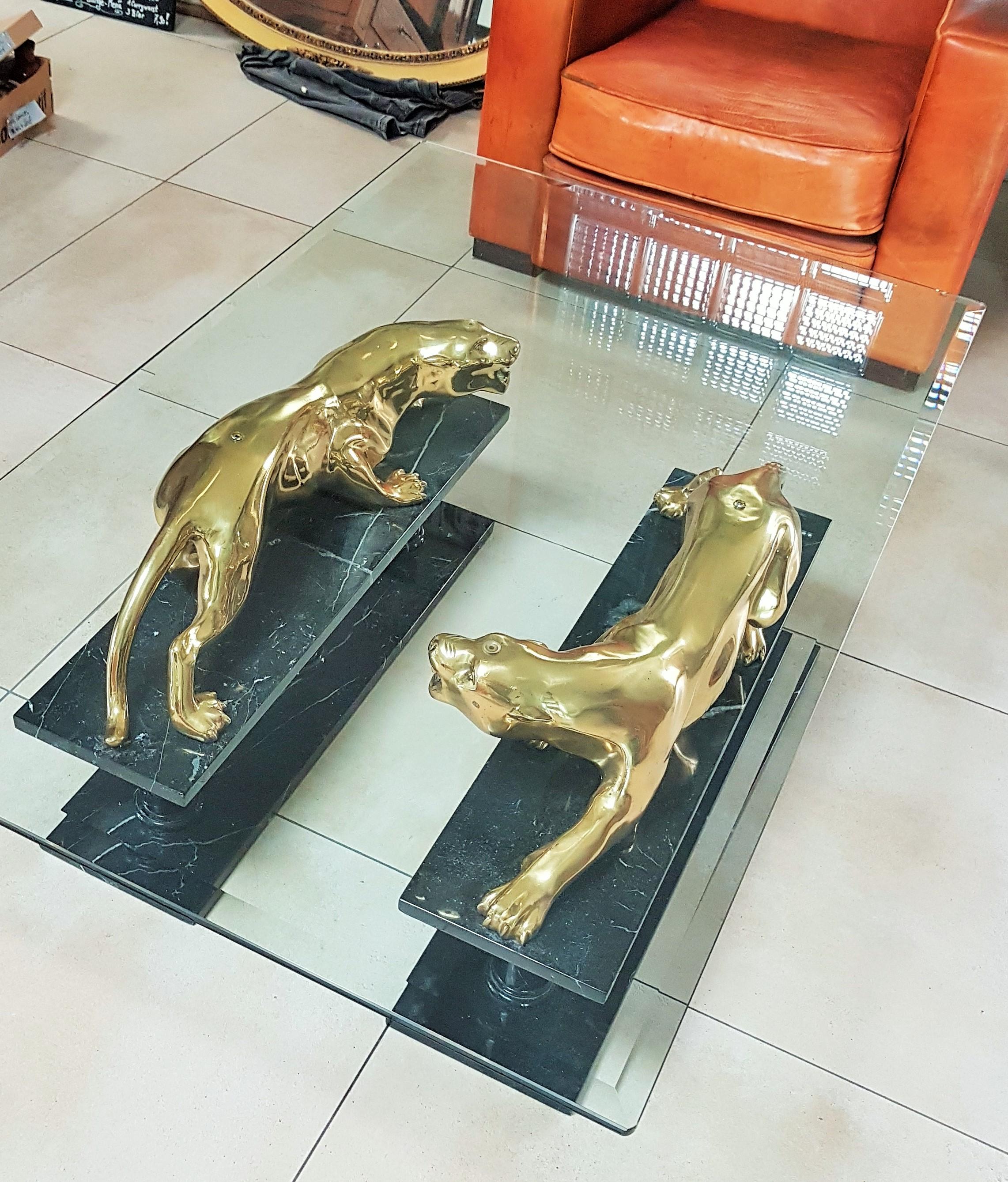 Mid-Century Coffee Table Maison Jansen Gold Plated Bronze Leopards on Marble 2