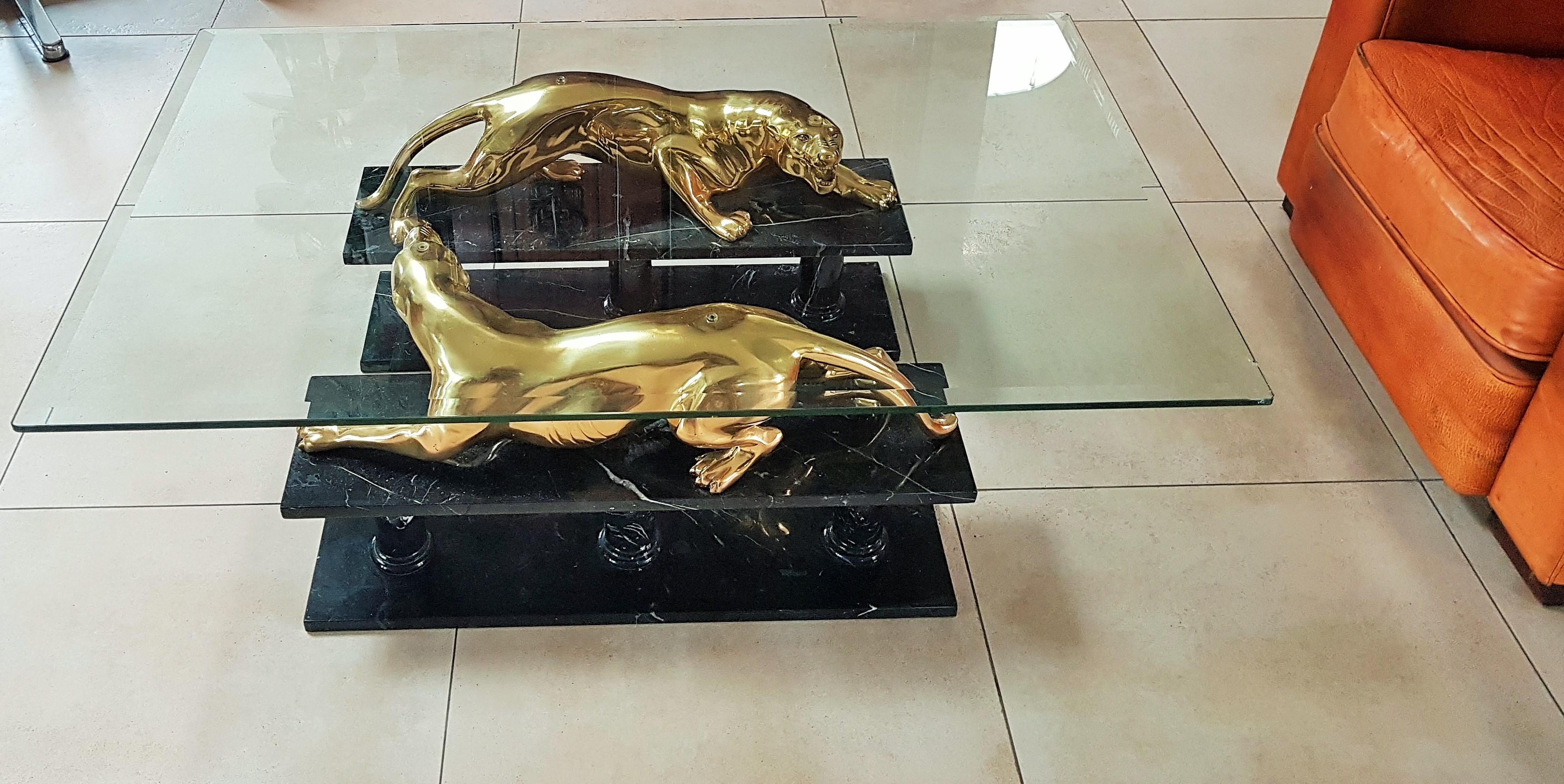 Mid-Century Coffee Table Maison Jansen Gold Plated Bronze Leopards on Marble 3
