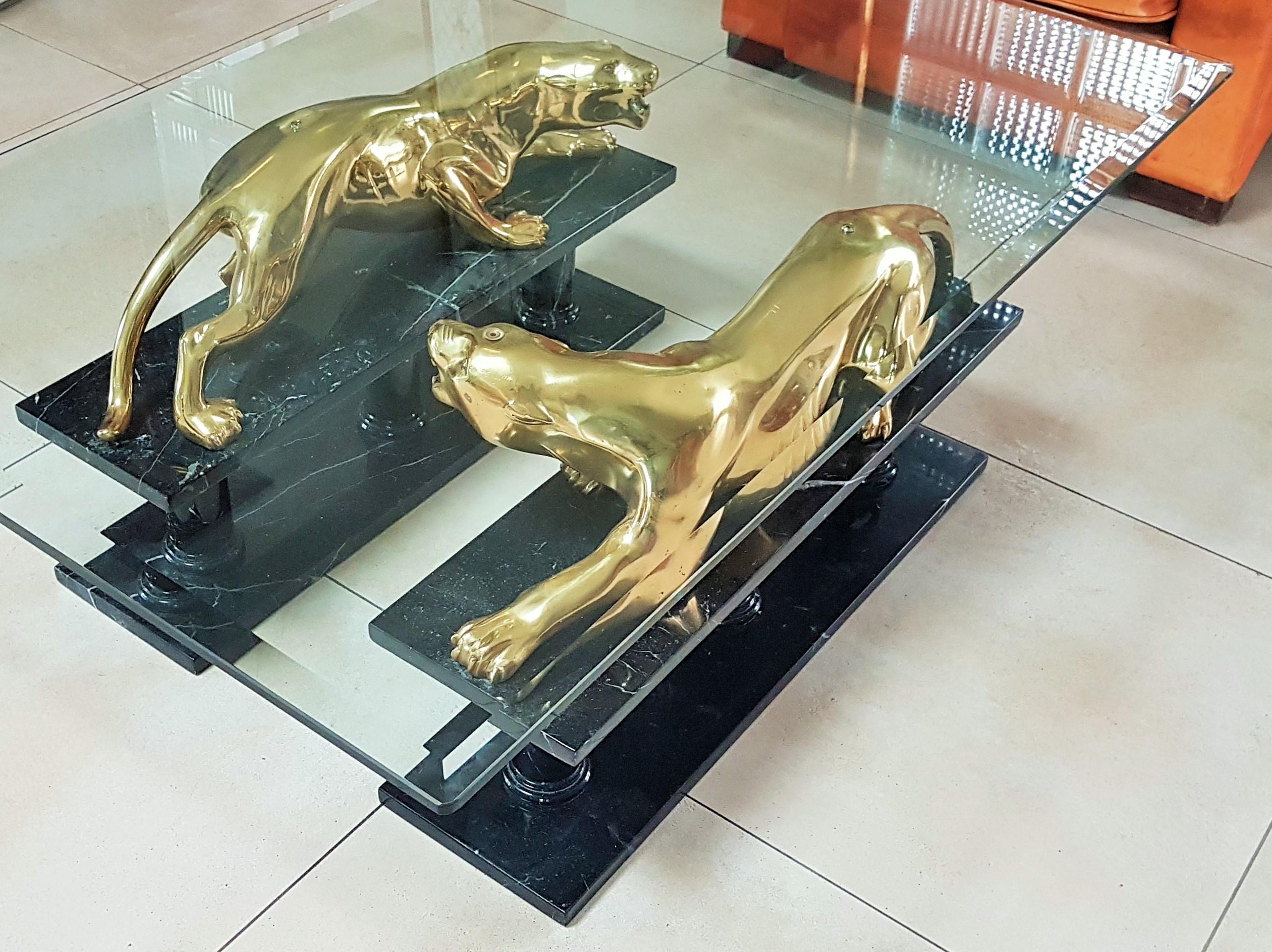 Mid-Century Coffee Table Maison Jansen Gold Plated Bronze Leopards on Marble 4