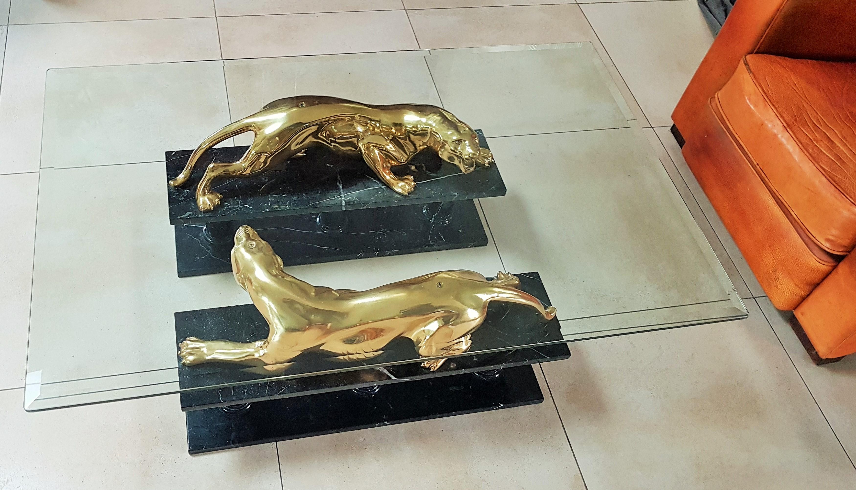 Mid-Century Coffee Table Maison Jansen Gold Plated Bronze Leopards on Marble 5