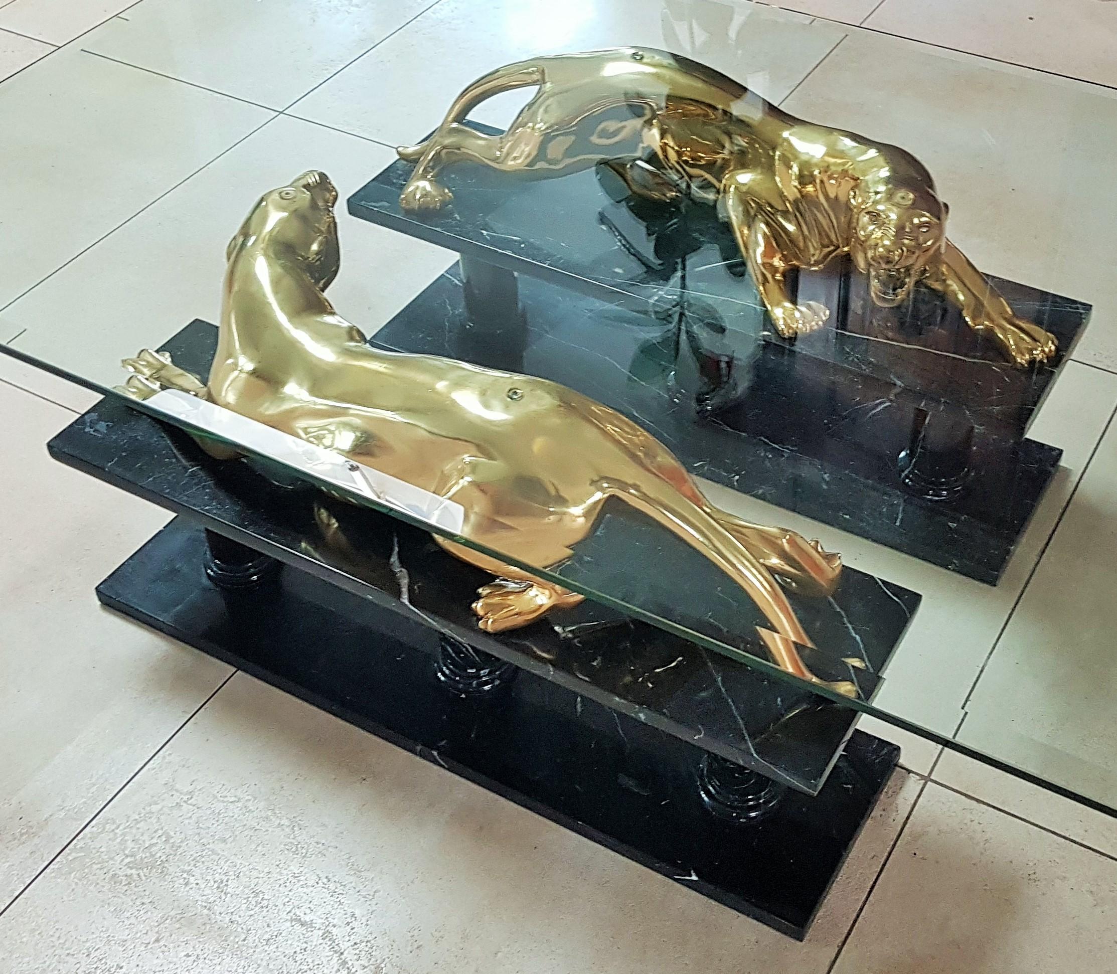 Mid-Century Coffee Table Maison Jansen Gold Plated Bronze Leopards on Marble 6
