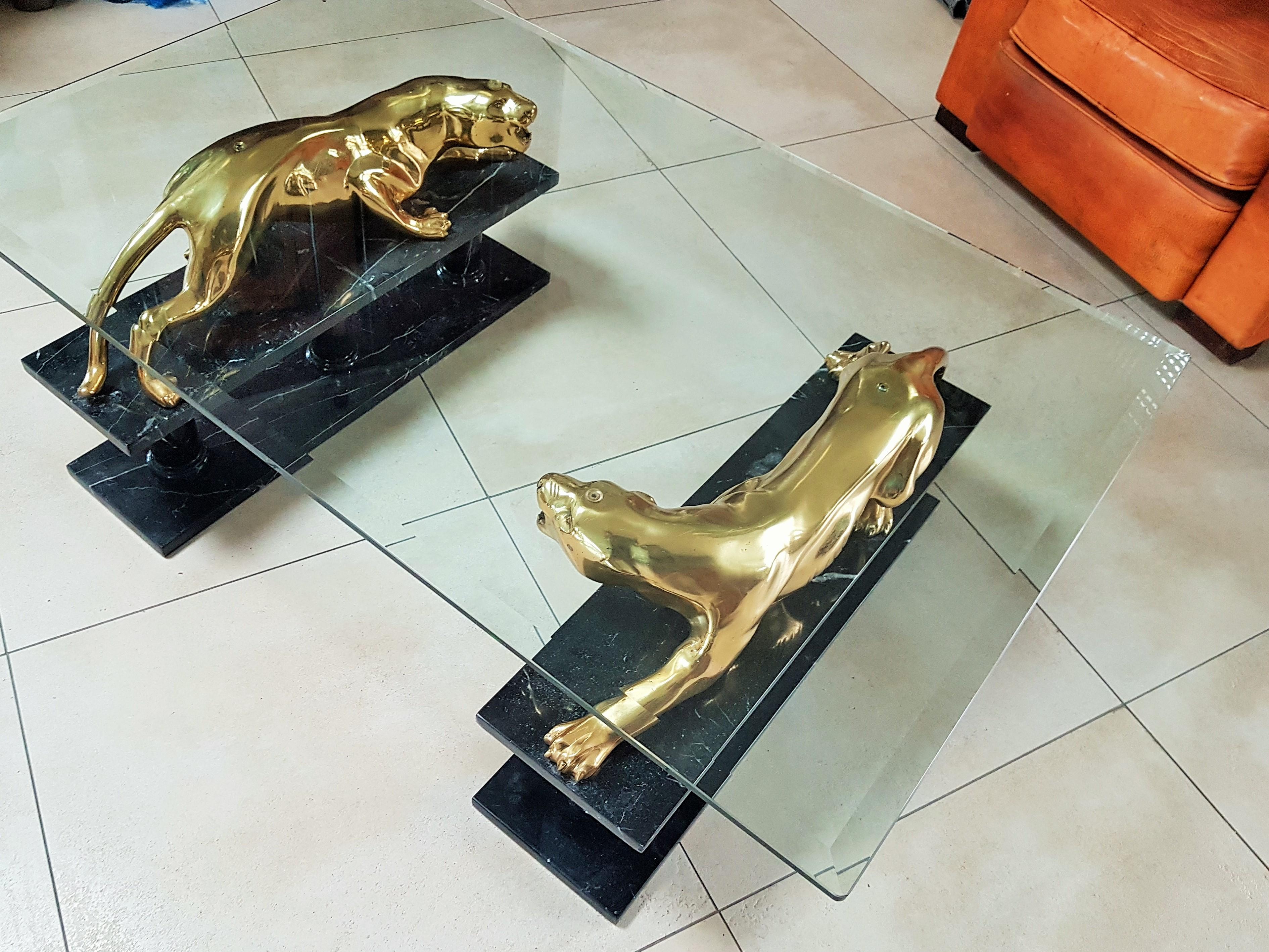 Mid-Century Modern Mid-Century Coffee Table Maison Jansen Gold Plated Bronze Leopards on Marble