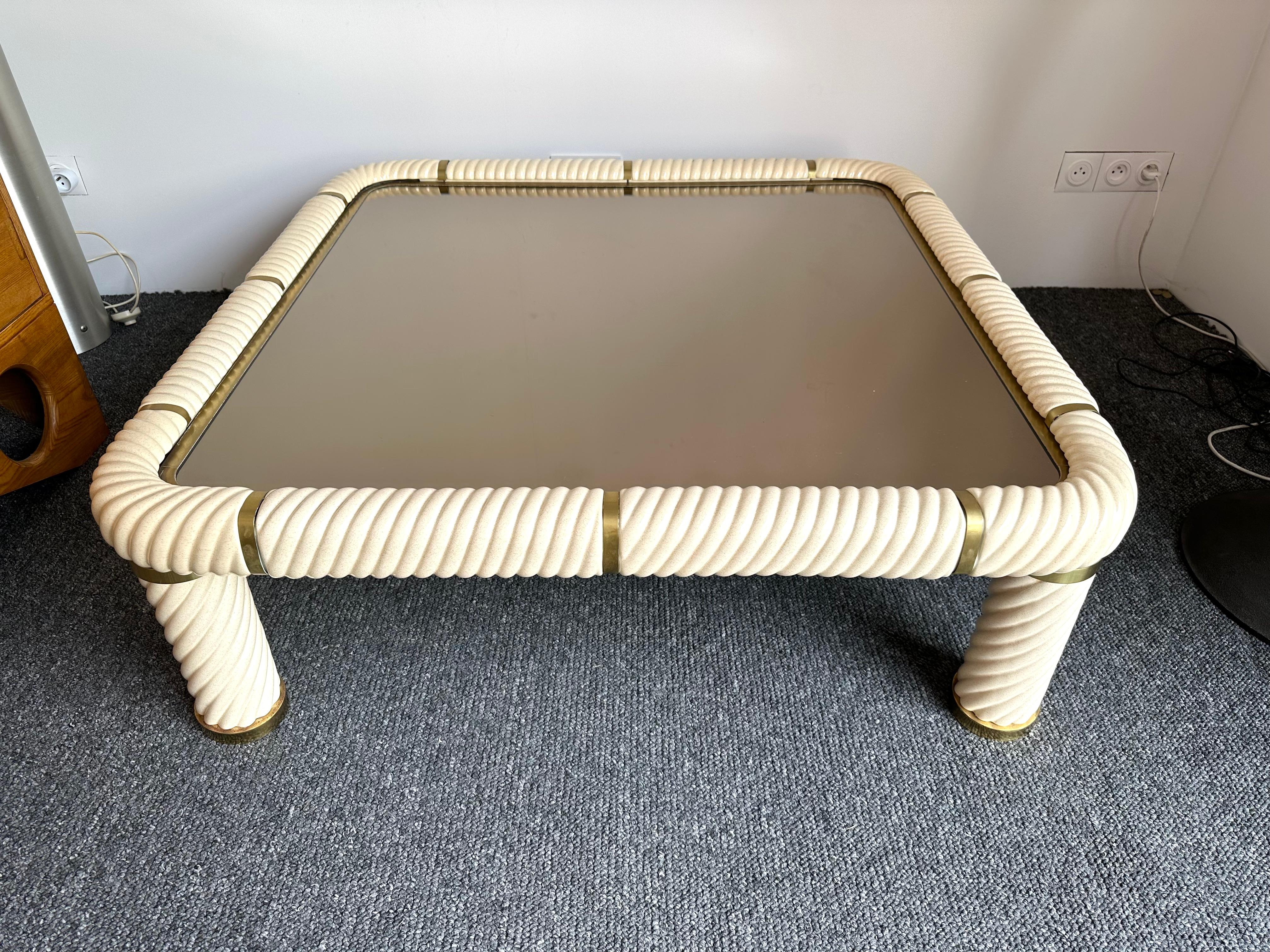 Italian Midcentury Coffee Table Porcelain Ceramic Brass by Tommaso Barbi, Italy, 1970s For Sale