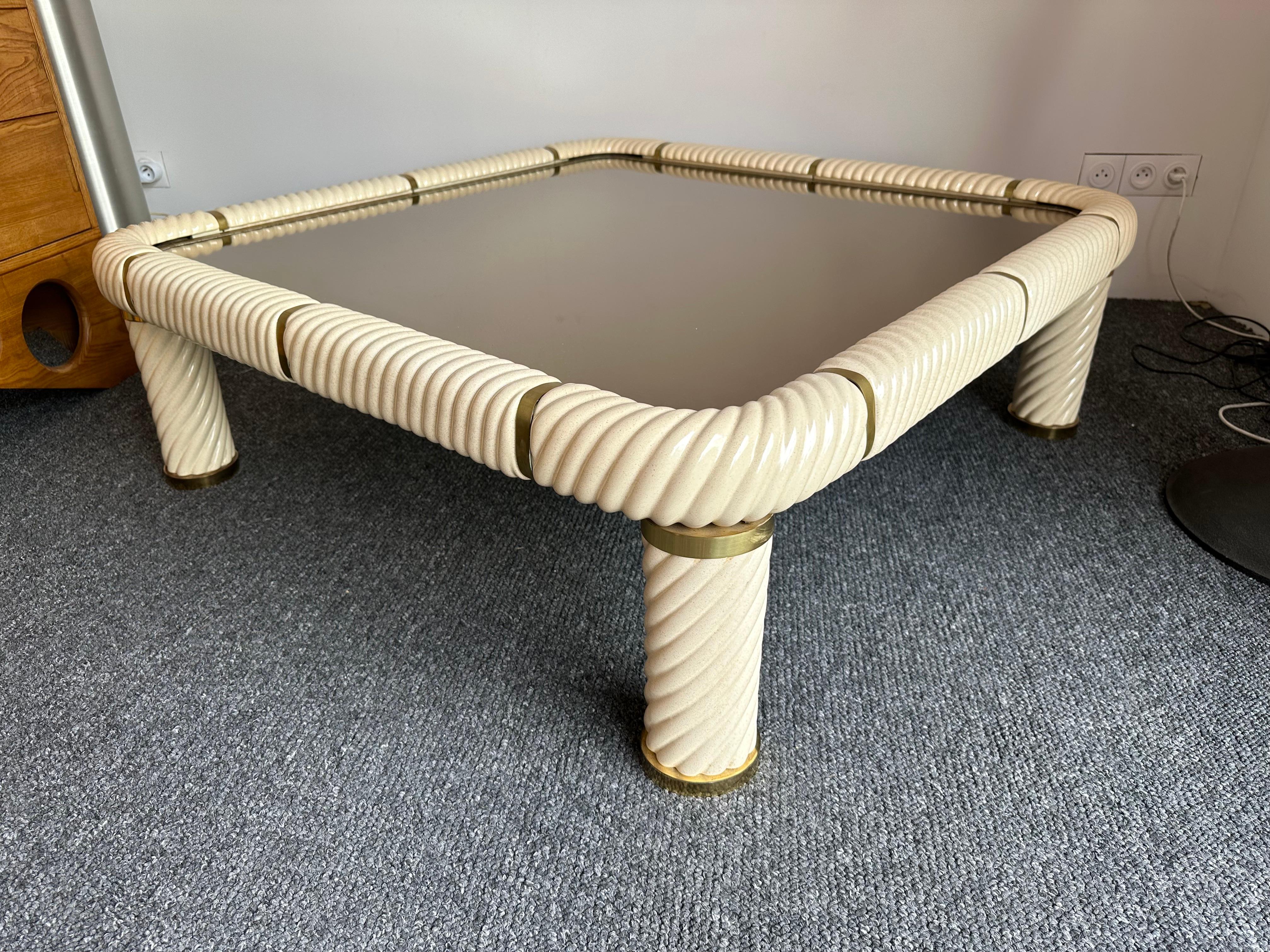 Midcentury Coffee Table Porcelain Ceramic Brass by Tommaso Barbi, Italy, 1970s For Sale 1