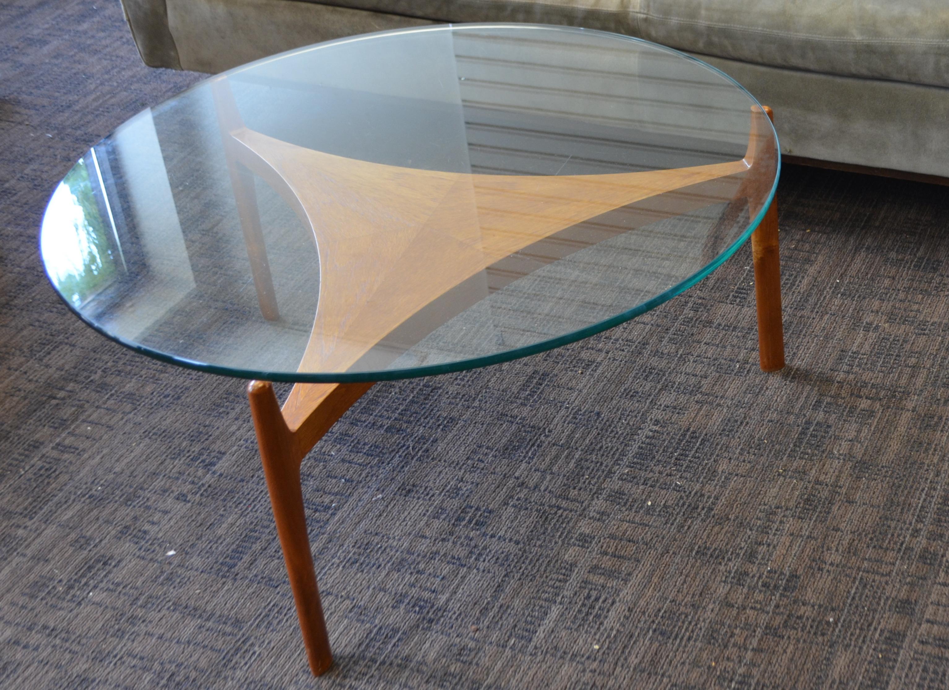 Danish Midcentury Coffee Table with Teak Base and Glass Top Designed by Sven Ellekaer For Sale
