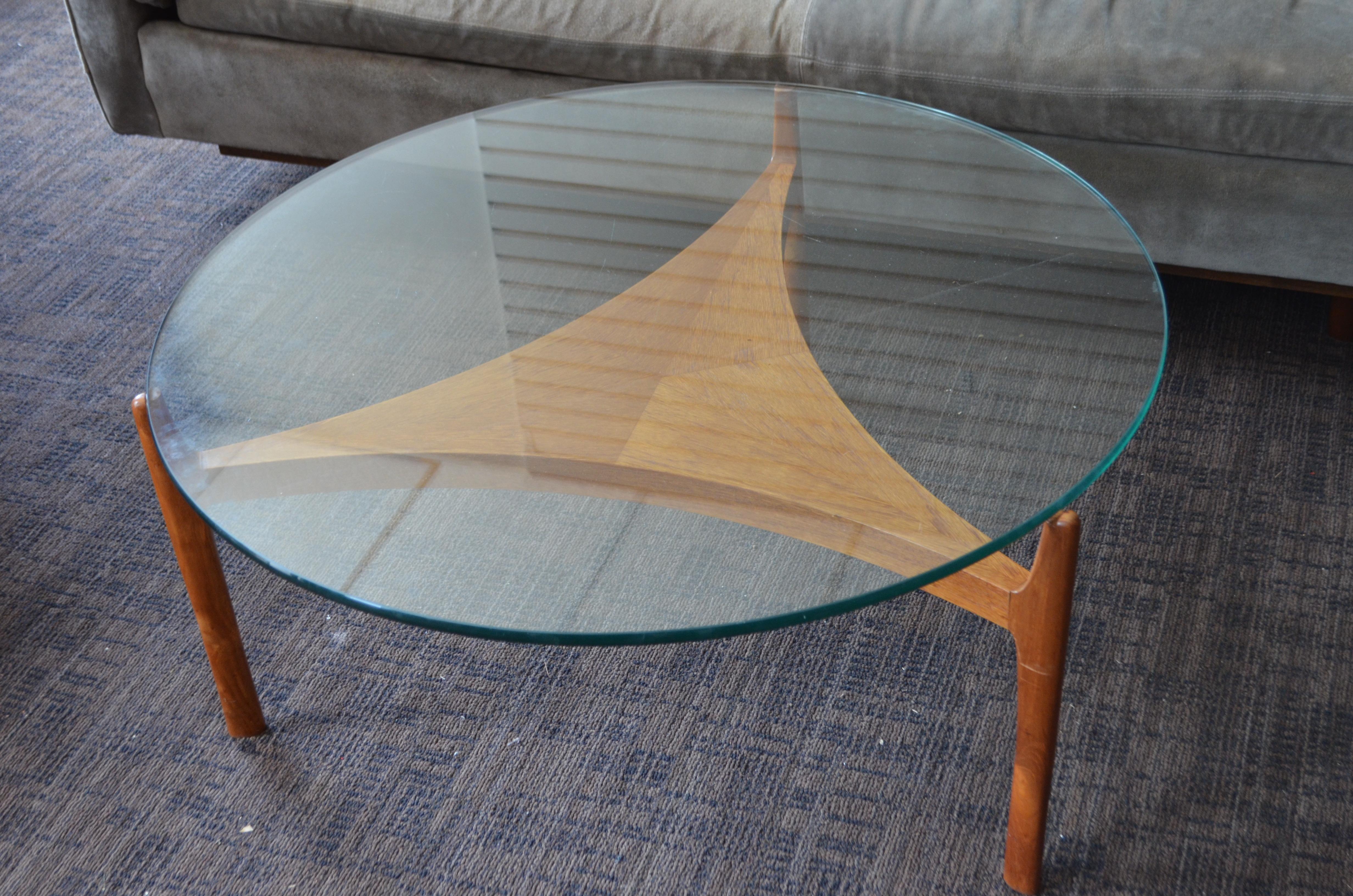 Midcentury Coffee Table with Teak Base and Glass Top Designed by Sven Ellekaer In Good Condition For Sale In Madison, WI
