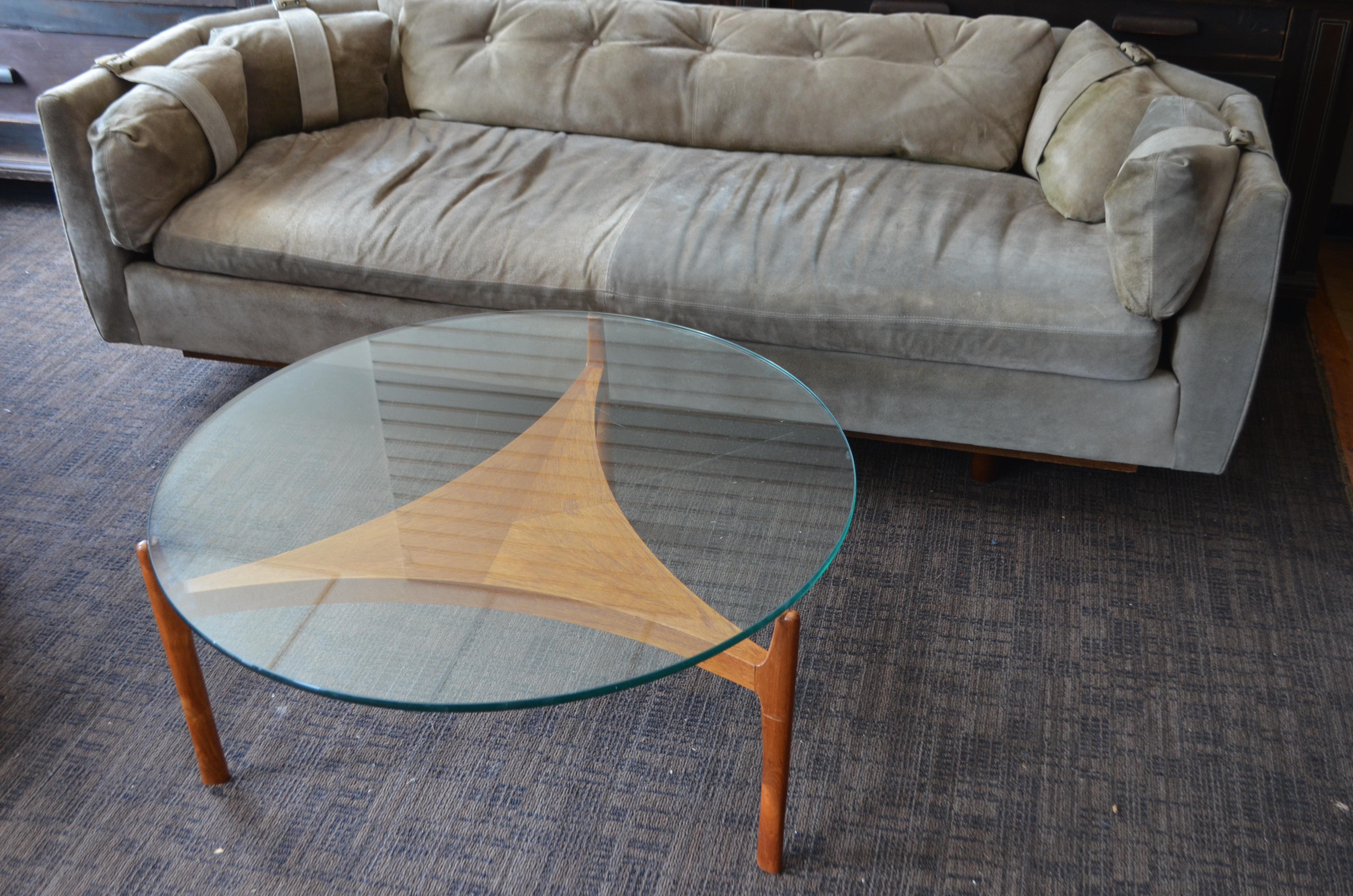 20th Century Midcentury Coffee Table with Teak Base and Glass Top Designed by Sven Ellekaer For Sale