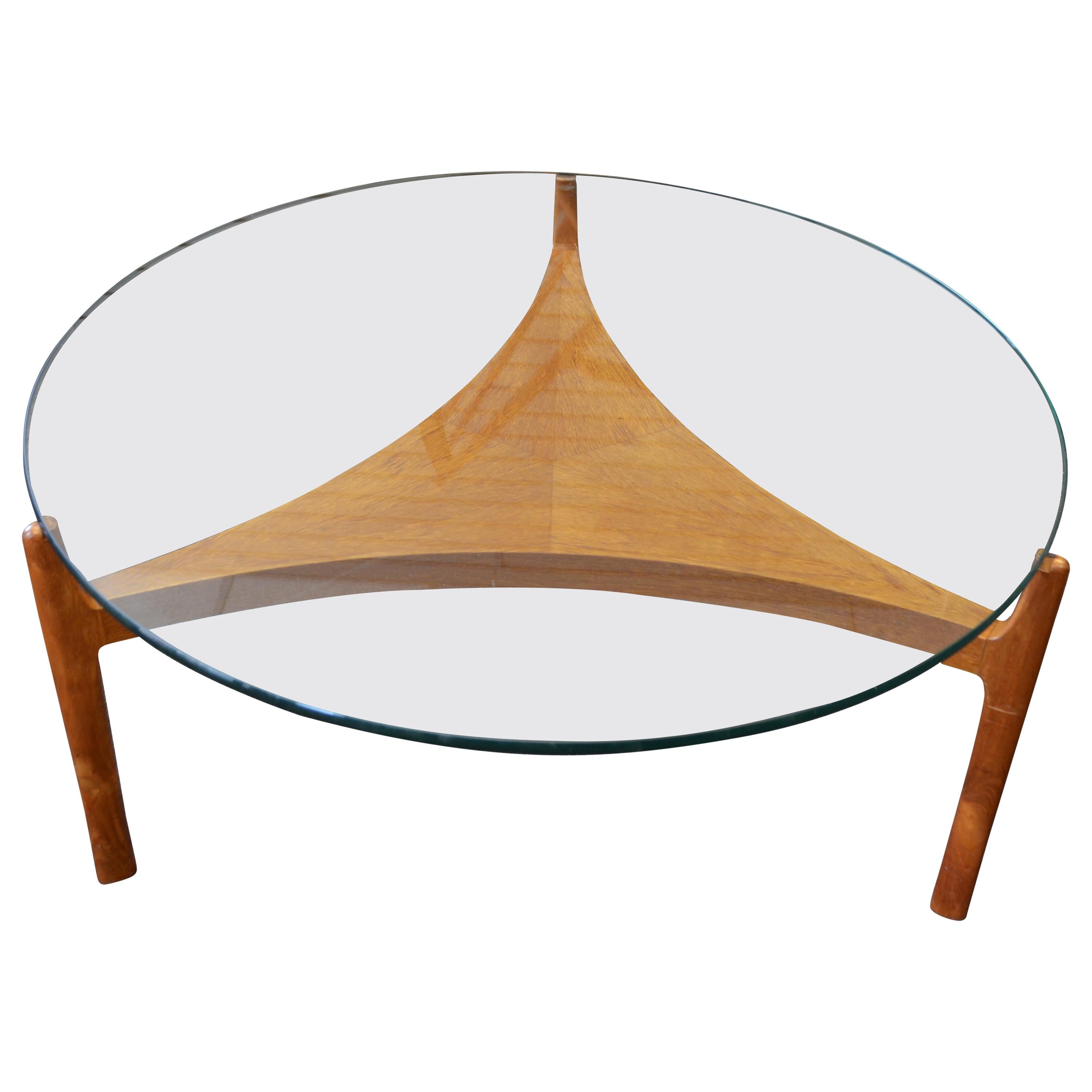 Midcentury Coffee Table with Teak Base and Glass Top Designed by Sven Ellekaer For Sale