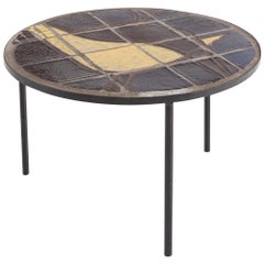Mid-century Coffee Table with Black Steel Frame and Mosaic Inlay
