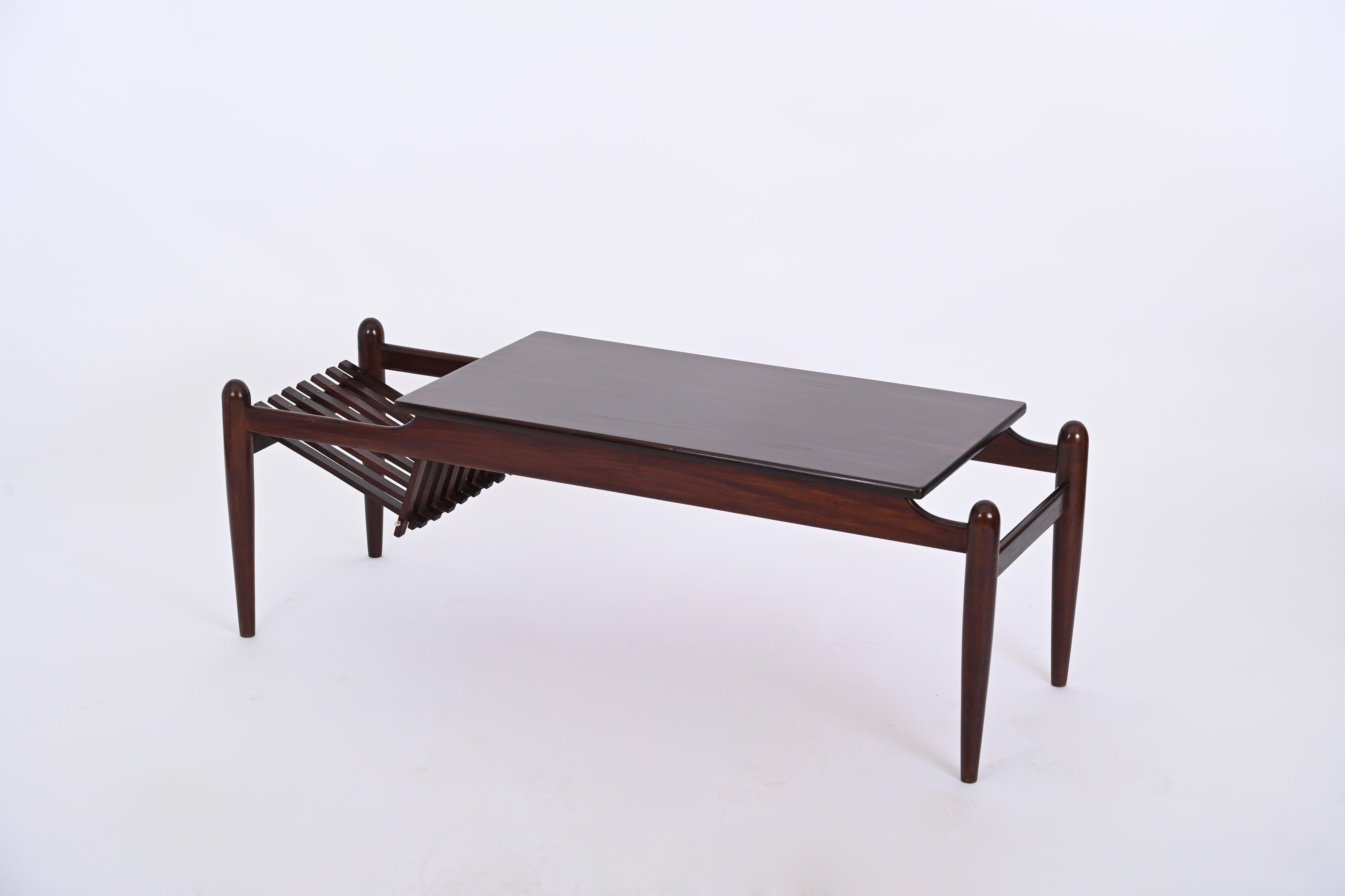 Italian Midcentury Coffee Table with Magazine Rack in Teak Wood, Italy 1960s For Sale