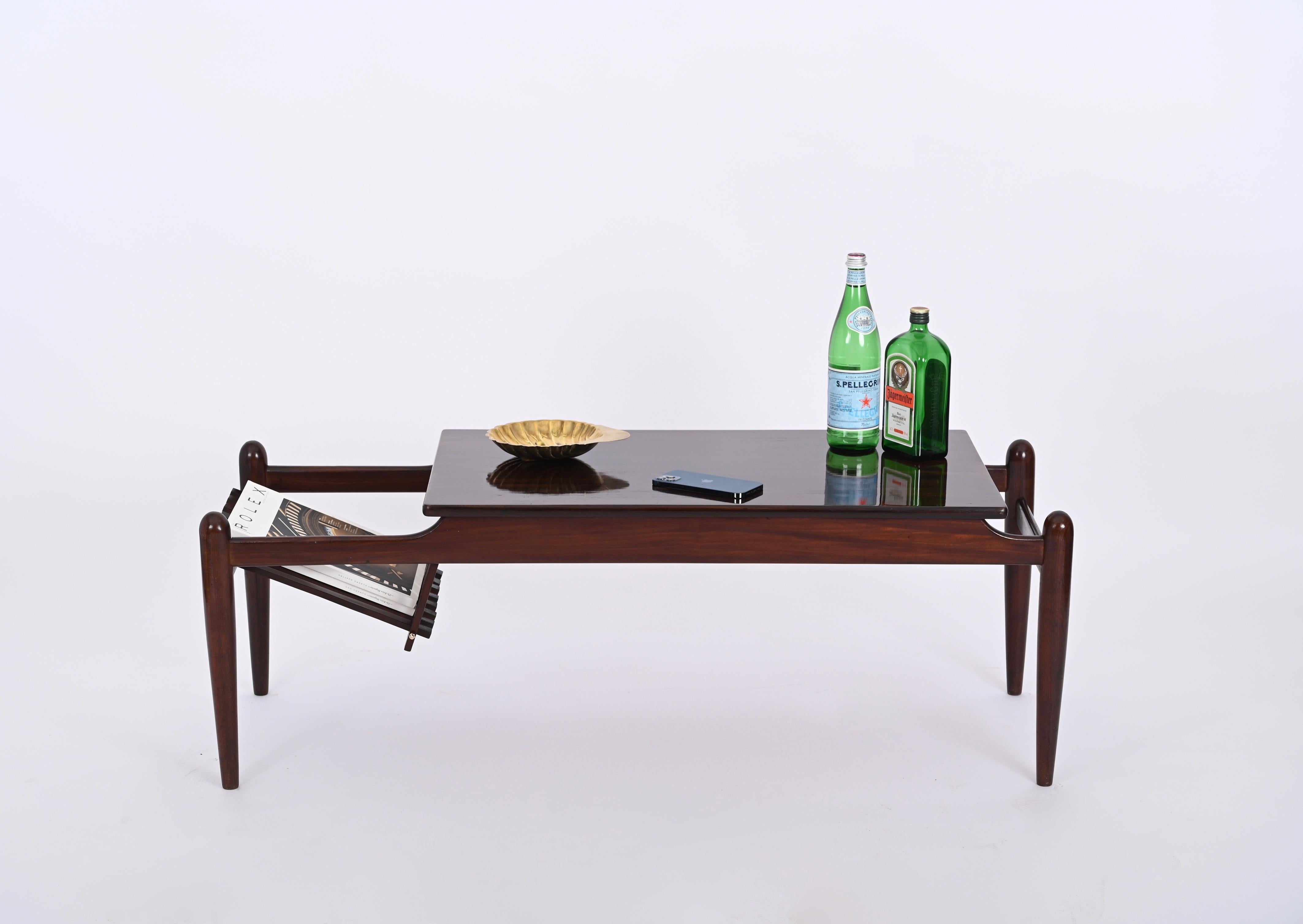 Brass Midcentury Coffee Table with Magazine Rack in Teak Wood, Italy 1960s For Sale