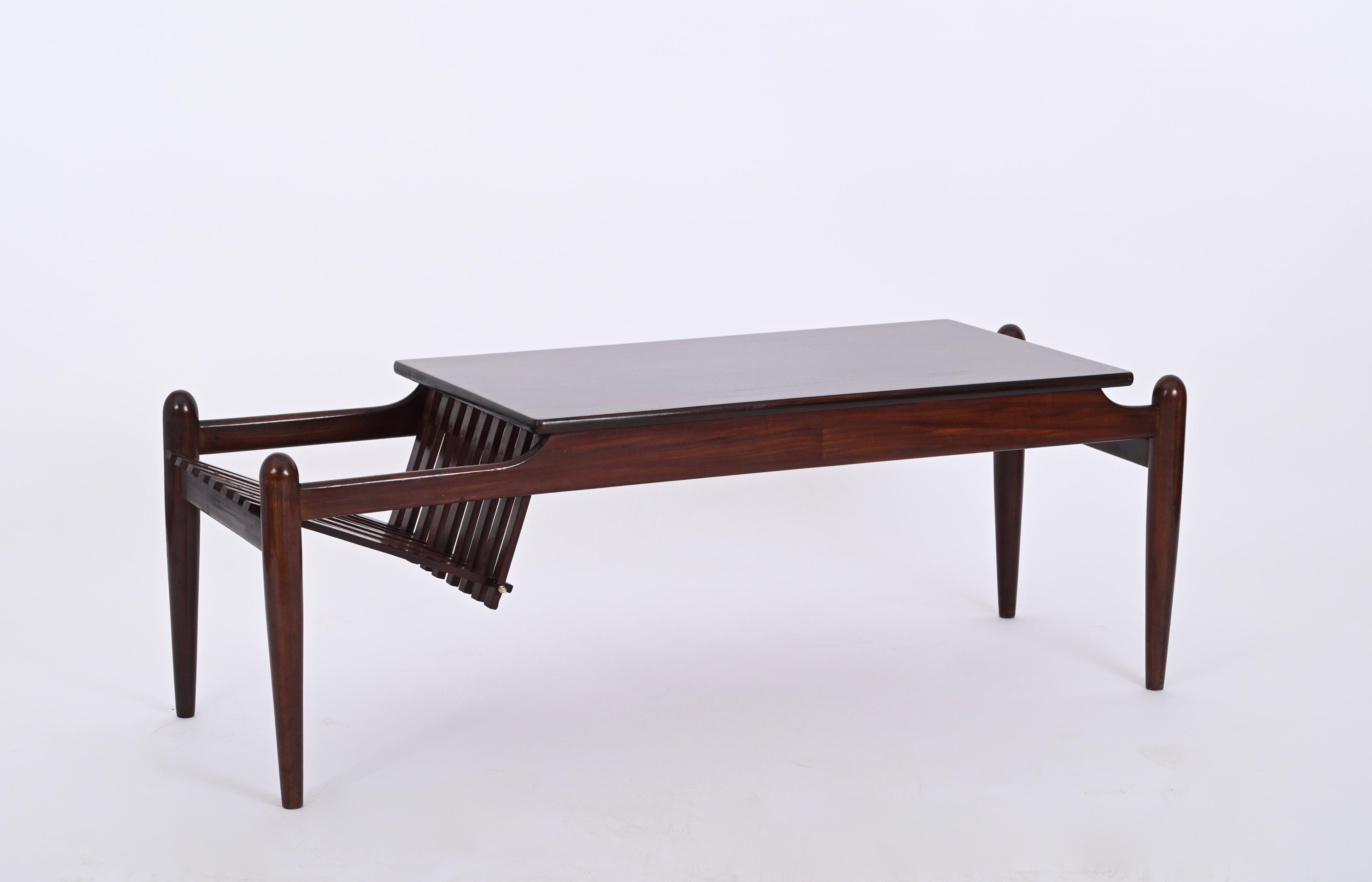 Midcentury Coffee Table with Magazine Rack in Teak Wood, Italy 1960s For Sale 1