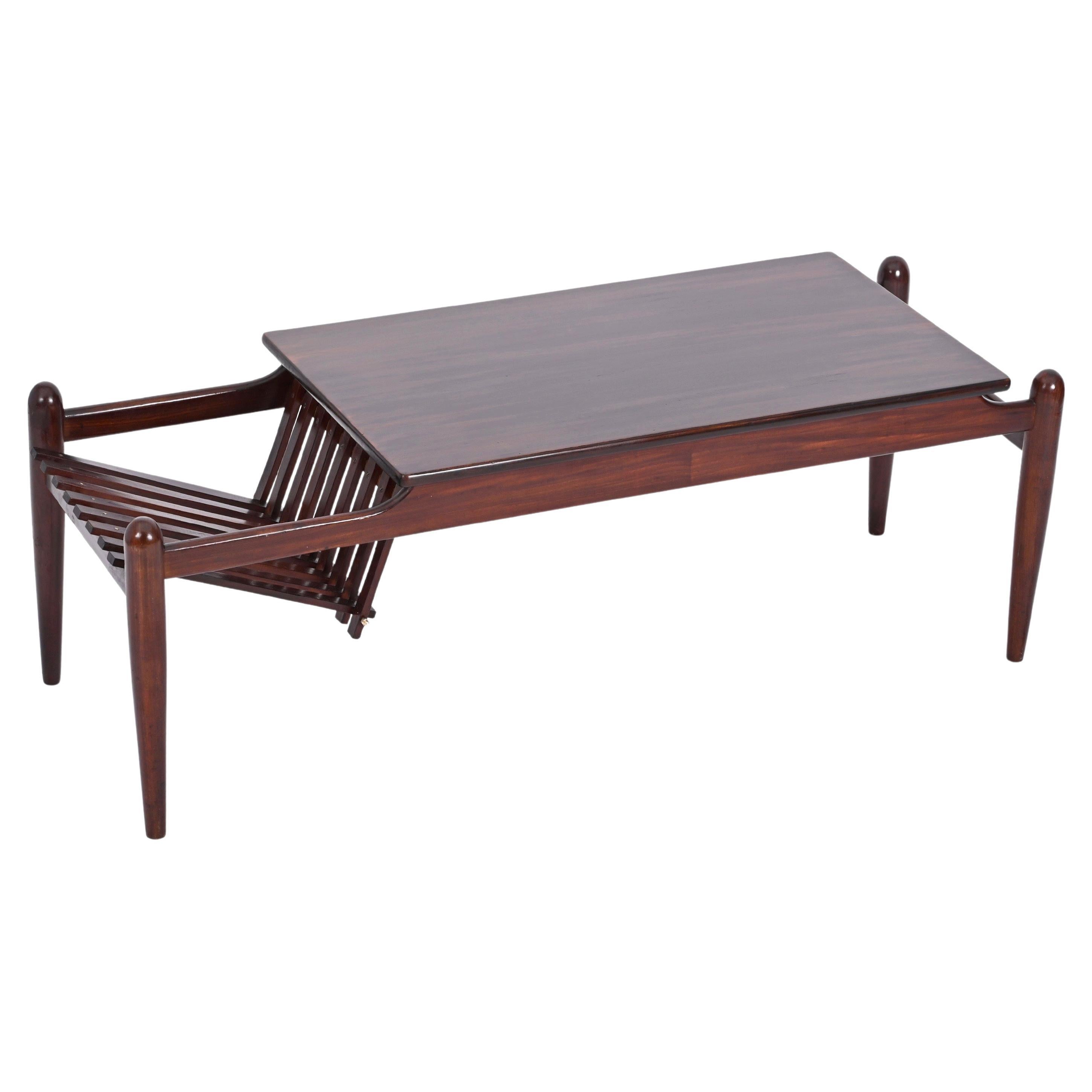 Midcentury Coffee Table with Magazine Rack in Teak Wood, Italy 1960s For Sale
