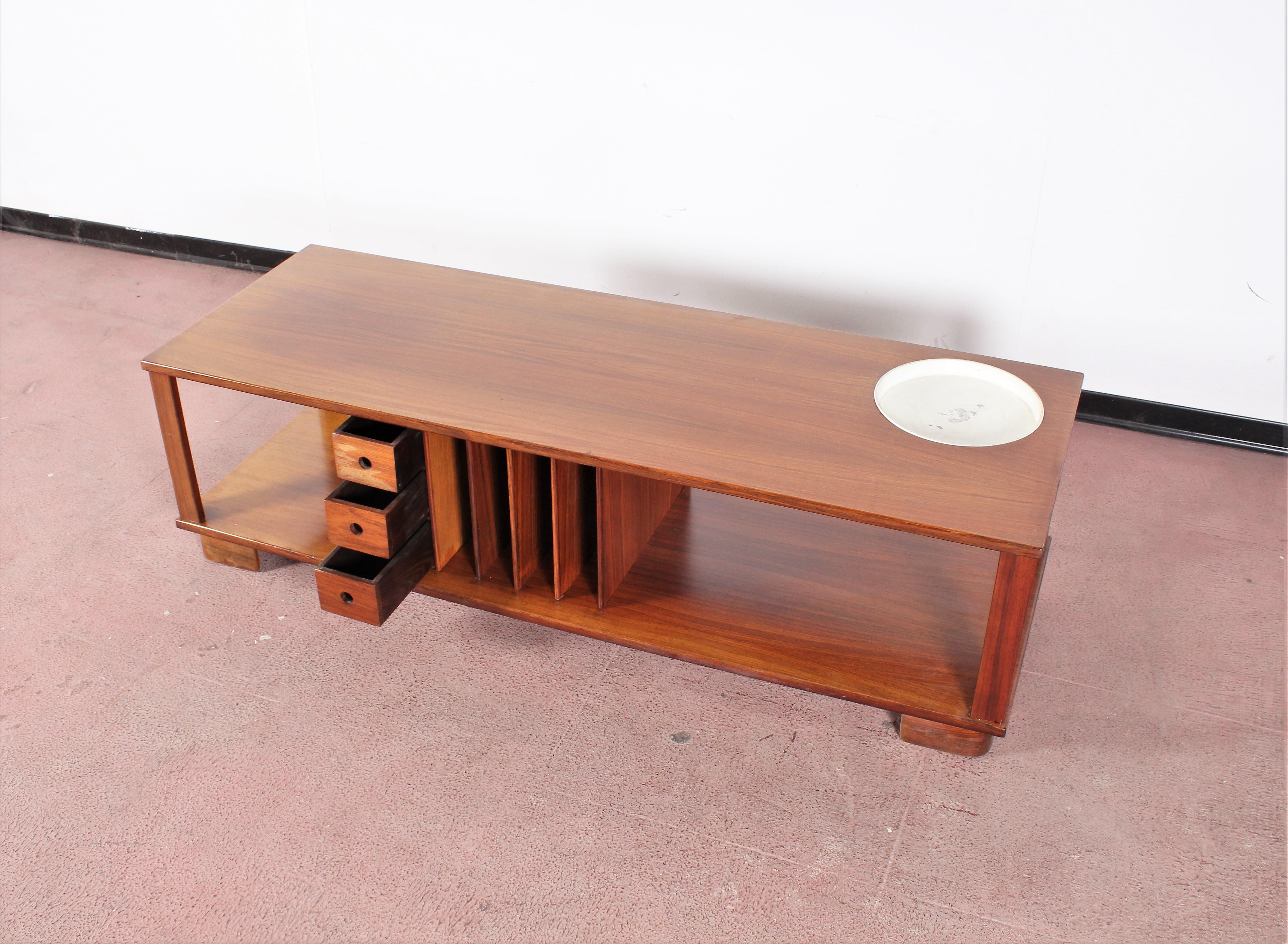 Italian Midcentury Coffee Table Wood with Metal Tray Danish Design, 1960s