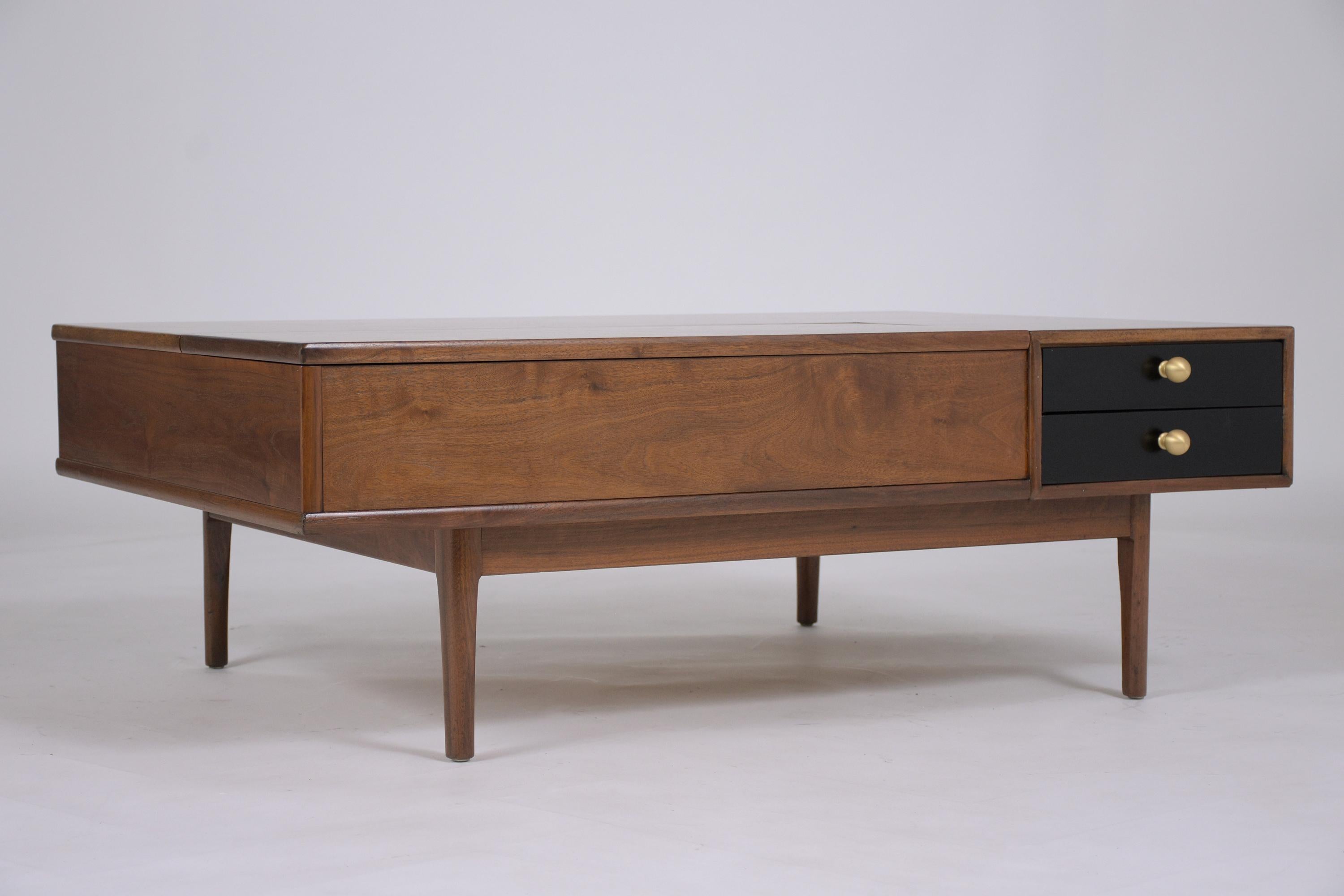 Carved Mid-Century Modern Walnut Lacquered Coffee Table