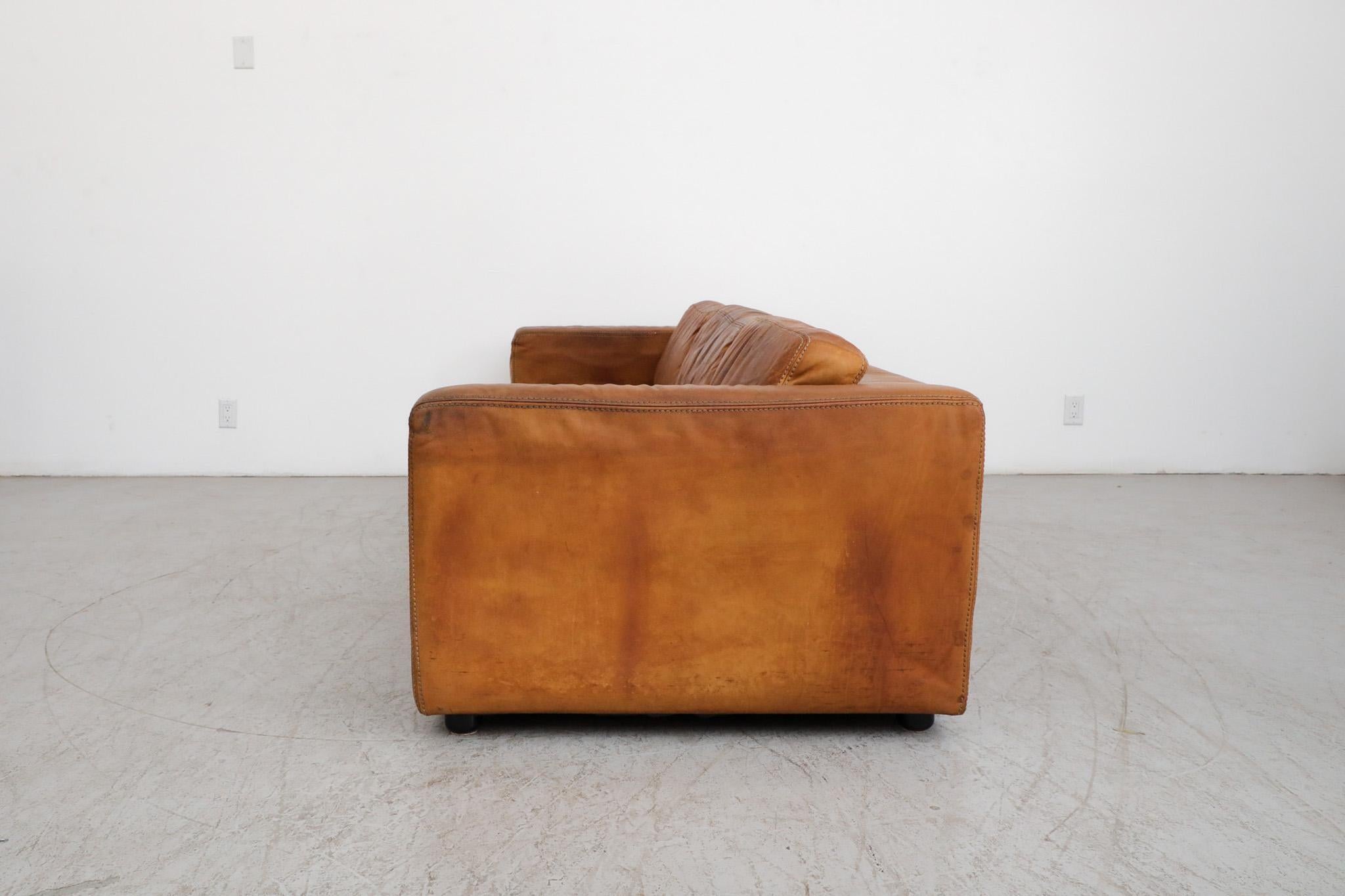 Belgian Mid-Century Cognac Buffalo Leather Durlet Three Seater Sofa For Sale