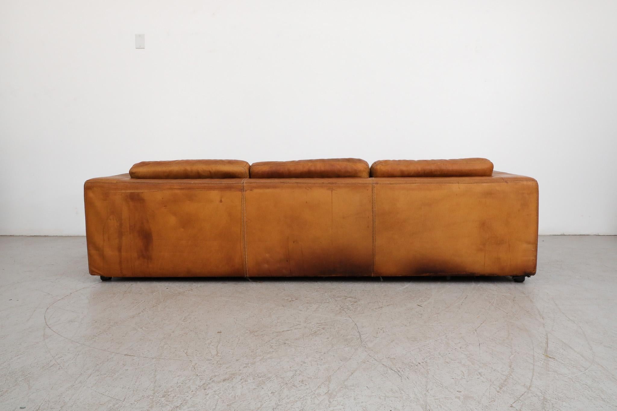 Mid-Century Cognac Buffalo Leather Durlet Three Seater Sofa For Sale 1