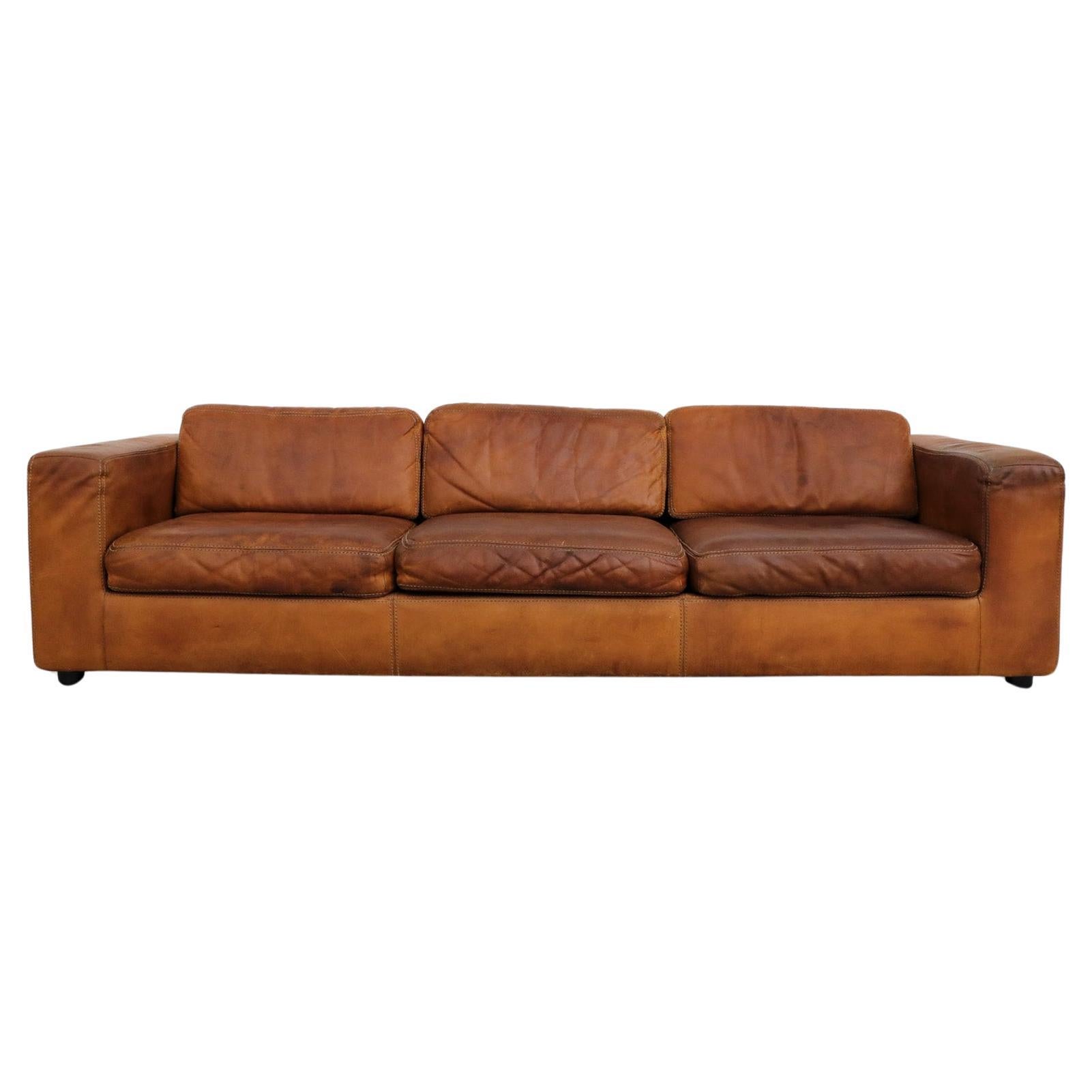 Mid-Century Cognac Buffalo Leather Durlet Three Seater Sofa