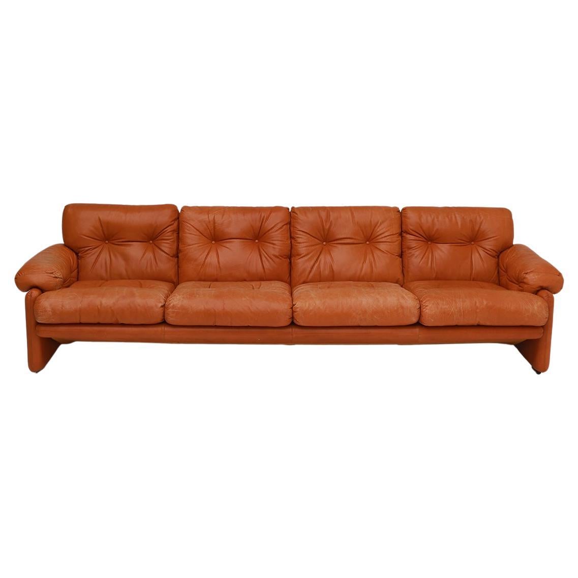 Mid-Century Cognac Leather 4 Seat Sofa by Tobia Scarpa for B&B Italia