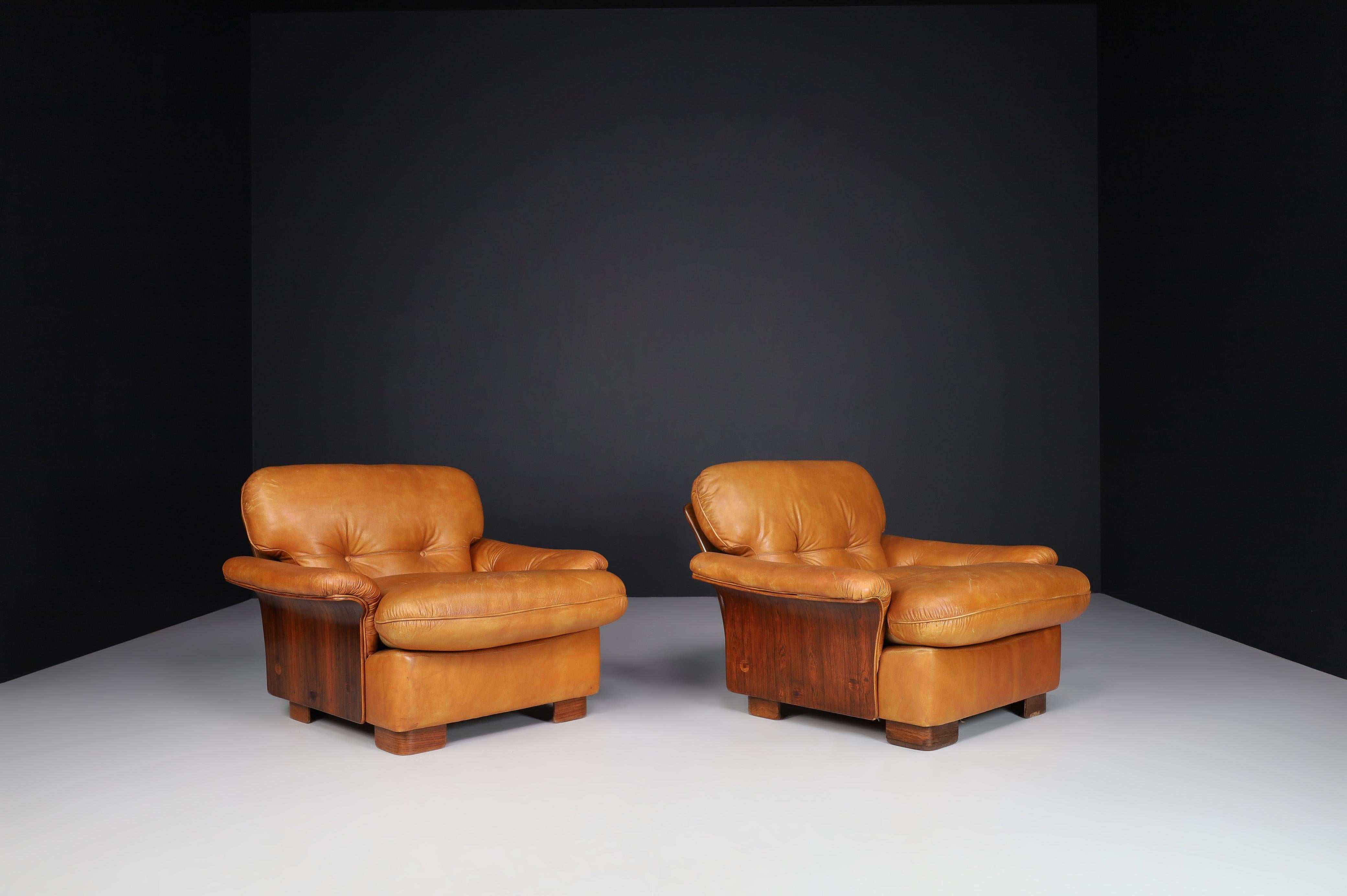 Mid-Century Modern Mid-Century Cognac Leather and Bentwood Armchairs-Lounge Chairs, Italy, 1960s